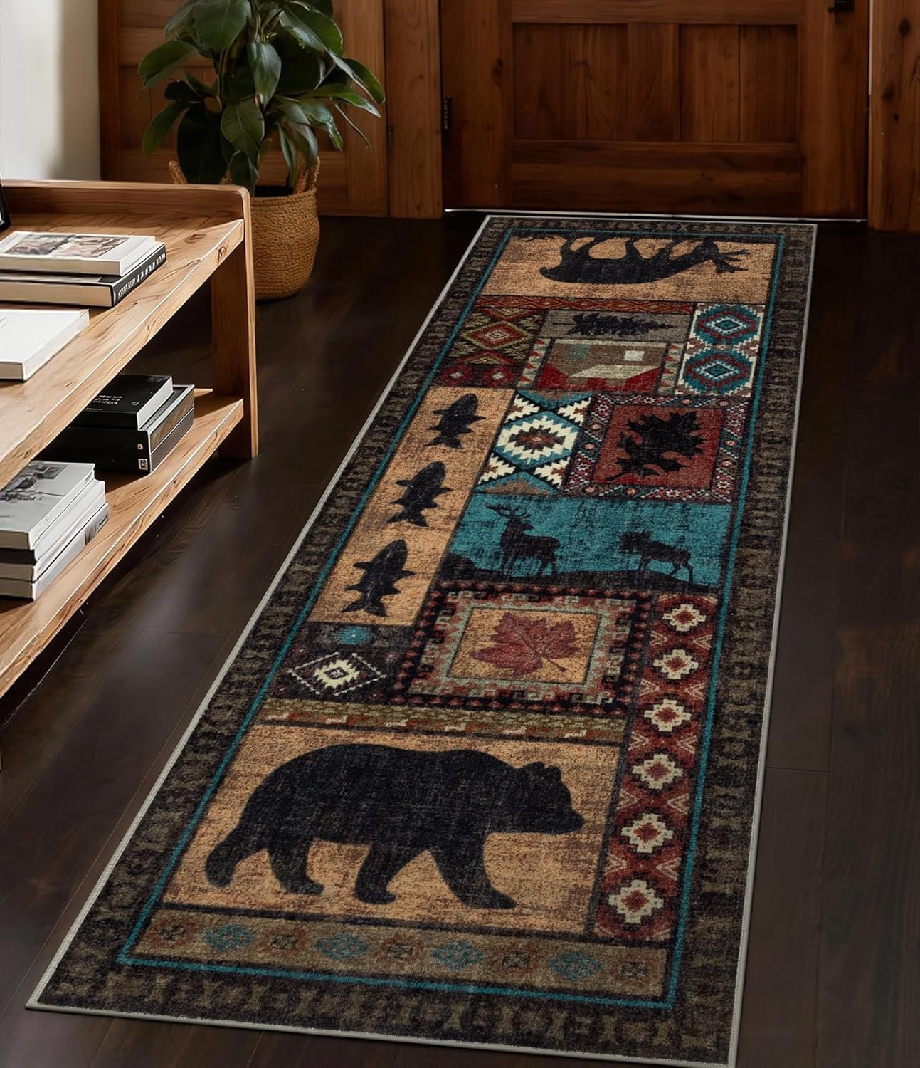 Hallway Runner Rug 2×6 Indoor Door Mat – Bear Rustic Cabin Non-Slip Entryway Rug, Low Pile Tribal Print for Kitchen, Bedroom
