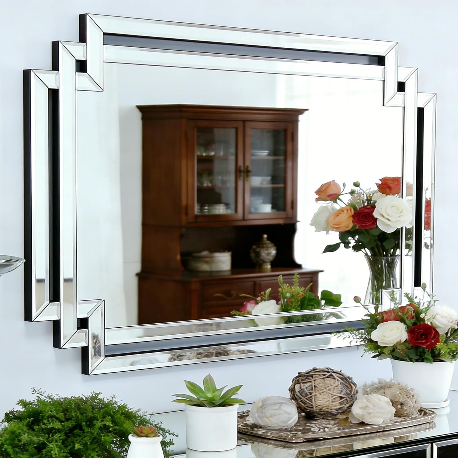 Modern Large Living Room Mirror with Mirrored Frame for Home Decor, 24″ X 36″ Decorative Wall Mirror with Glass Pieces and Beveled Edge for Dining Room, Bathroom, Entryway, Dressing Room