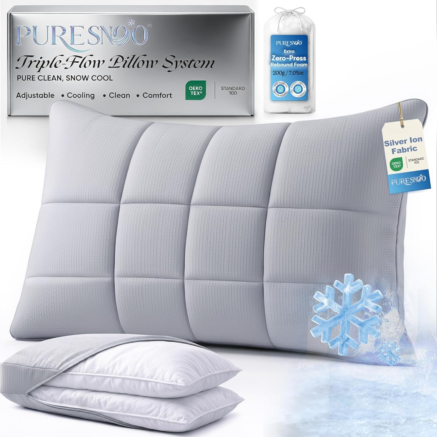 Cooling Adjustable Pillow for Side Sleepers, Silver Infused Bed Pillow, Cool Soft Firm Pillow for Hot Sleepers, Back & Stomach Sleepers, Self-Cleaning Technology for 3X Freshness Sleep, Grey