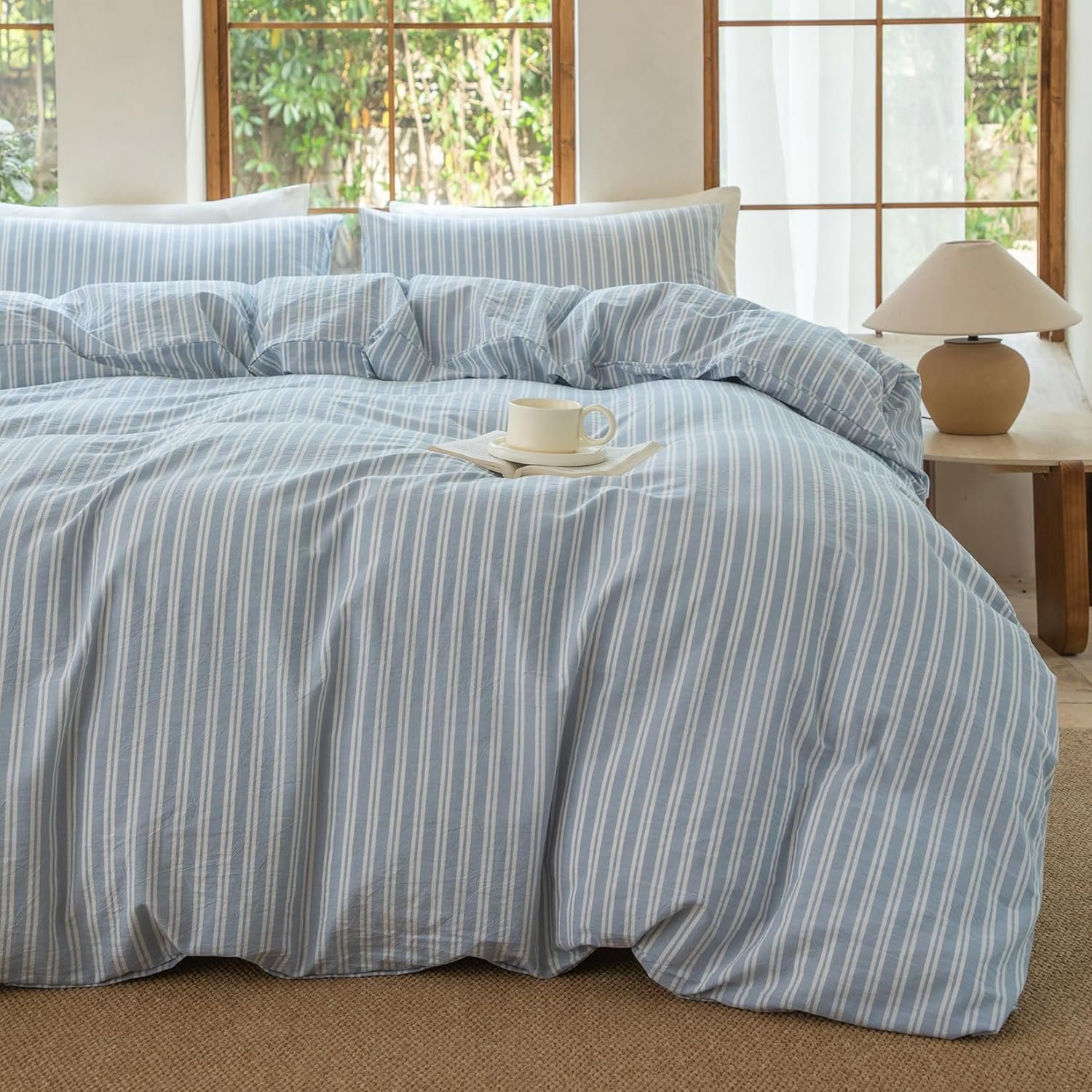 Luxury 100% Washed Cotton Linen Like Duvet Cover Set,3 Pcs Striped Duvet Cover with Zipper Closure(Strip-Cornflower Blue/White,Full)
