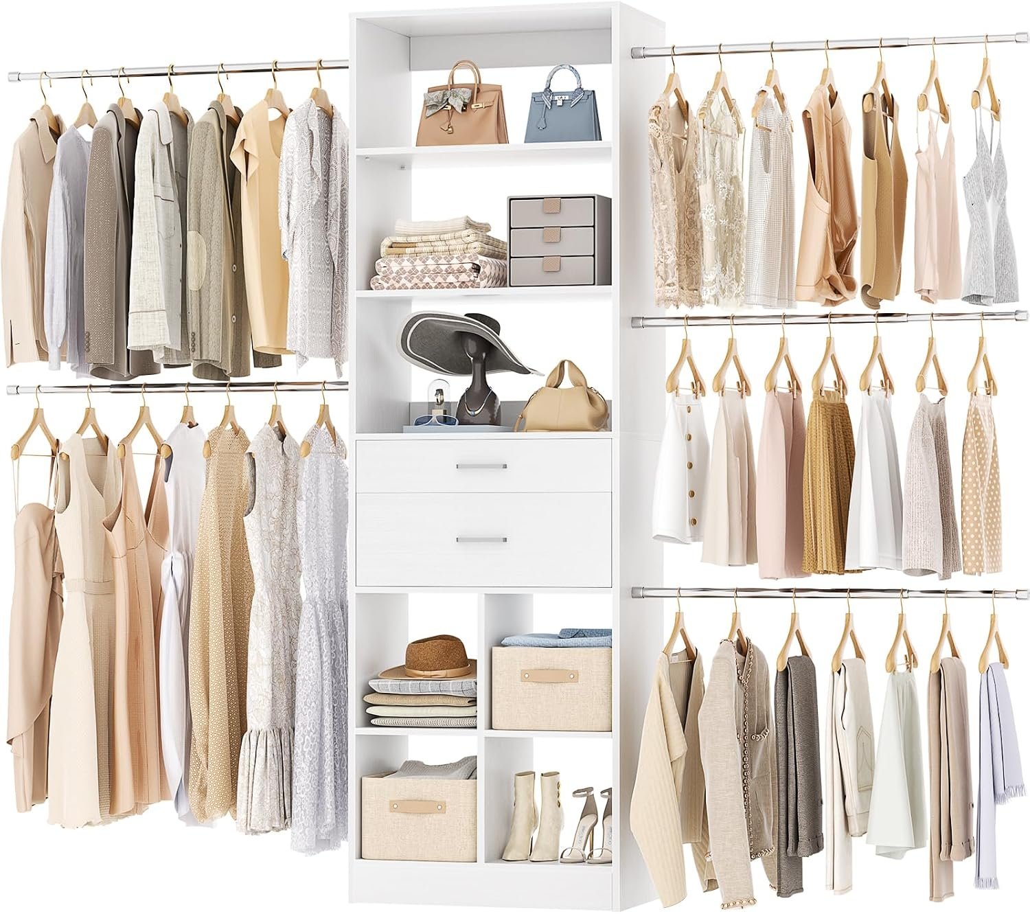 Besiost Closet System, 4-8 FT Closet Organizer Tower with 2 Wooden Drawers and Shelves, Can Fit 60 to 96 inch Walk-in Closet System with 5 Hanging Rods, Built-in, White