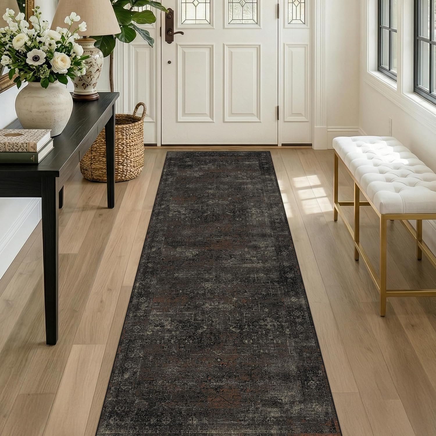 Black 2’6″ x 8′ Washable Hallway Runner Rug, Non Slip Long Kitchen Runner, Dark Charcoal Low Pile Stain Resistant Rug for Entryway, Bathroom & Laundry Room