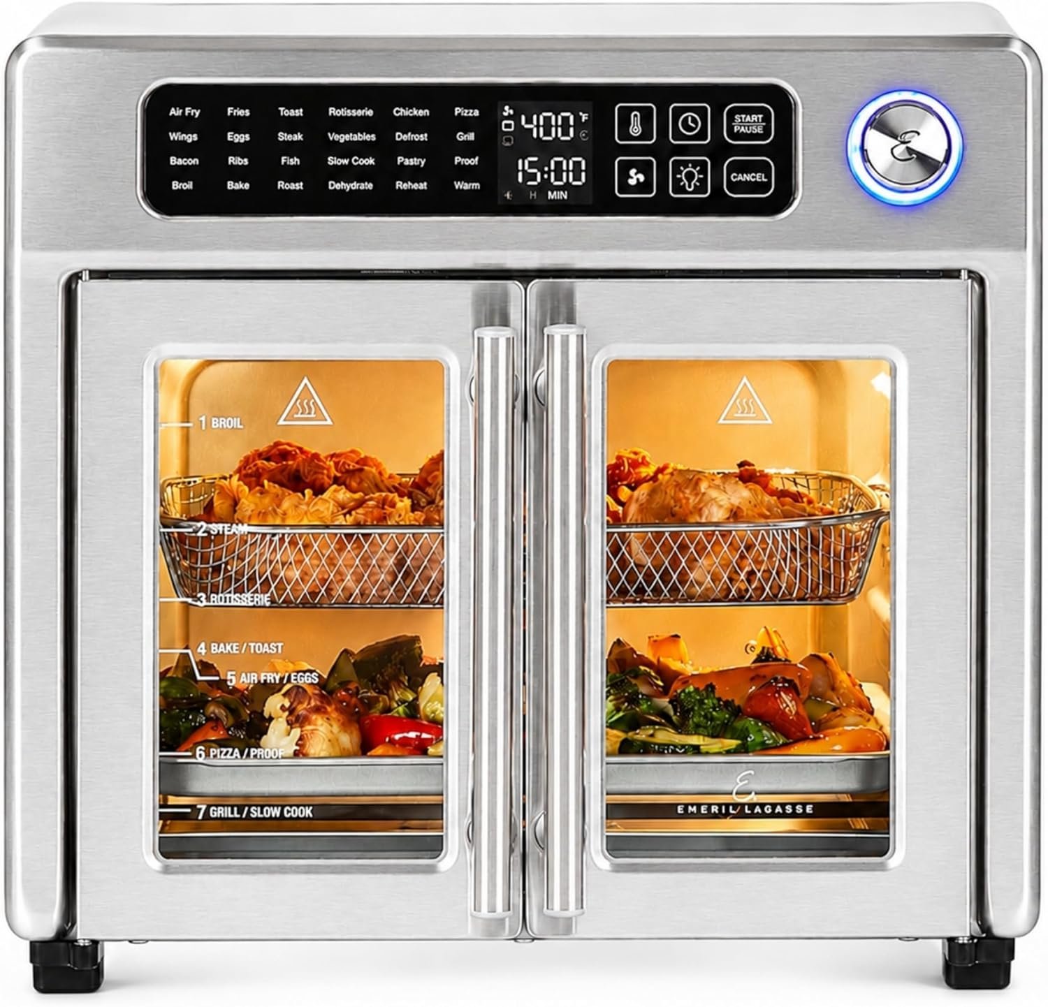 Emeril Lagasse Extra Large French Door Air Fryer Toaster Oven Combo, 24 Cooking Functions and Digital Controls, 7 Accessories Included, Stainless Steel Finish, 26QT Capacity