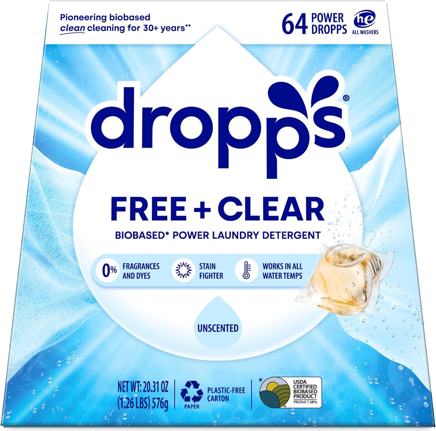 Dropps Free & Clear Laundry Detergent Pods (64 Count) – Unscented liquid Pods | Fights Odors & Stains | Free of Dyes Parabens & Perfumes | Hypoallergenic | Clean Ingredients | Plastic Free Packaging