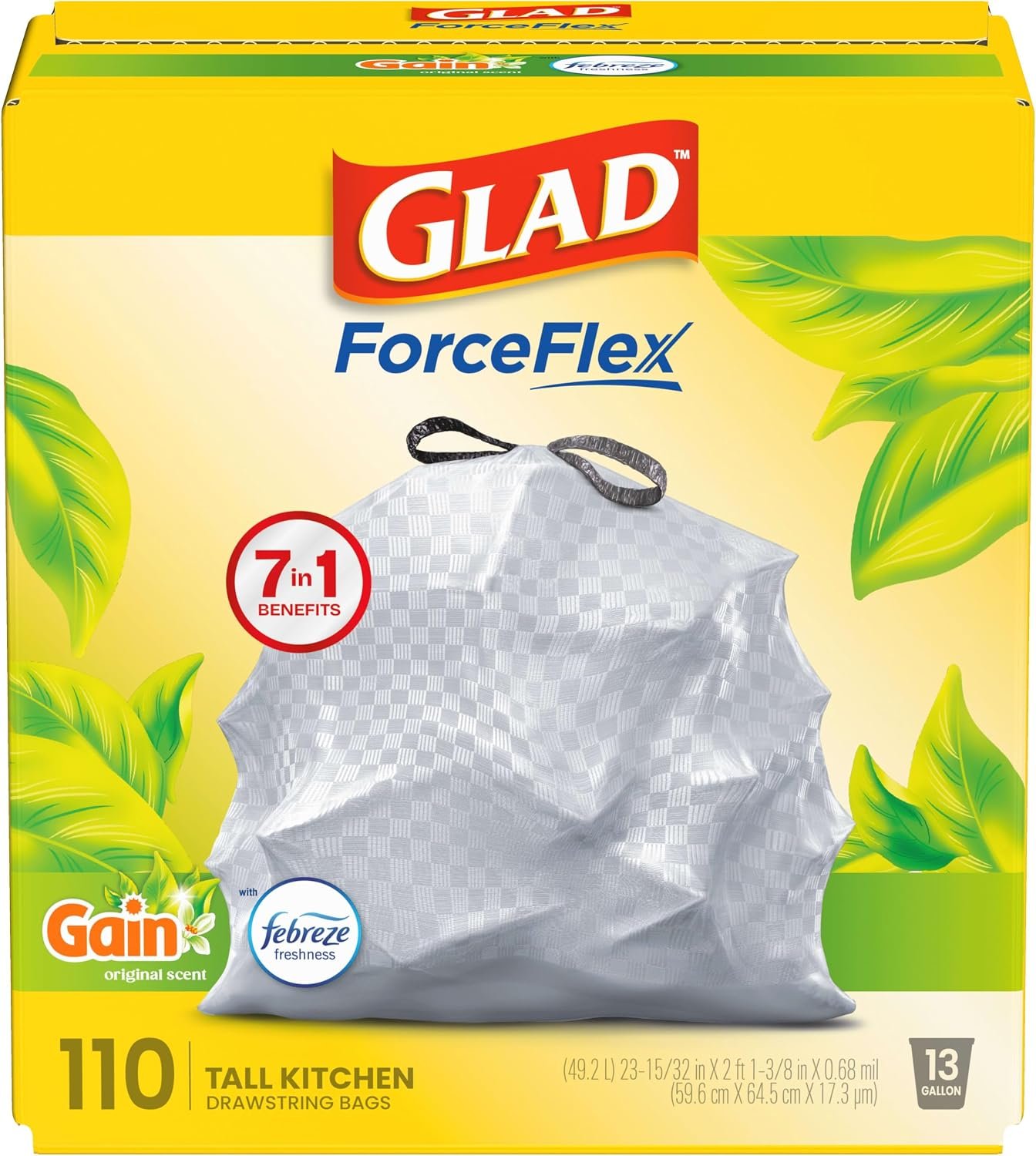 Glad ForceFlex Tall Kitchen Trash Bags, 13 Gallon, Gain Original, 110 Count (Package May Vary)