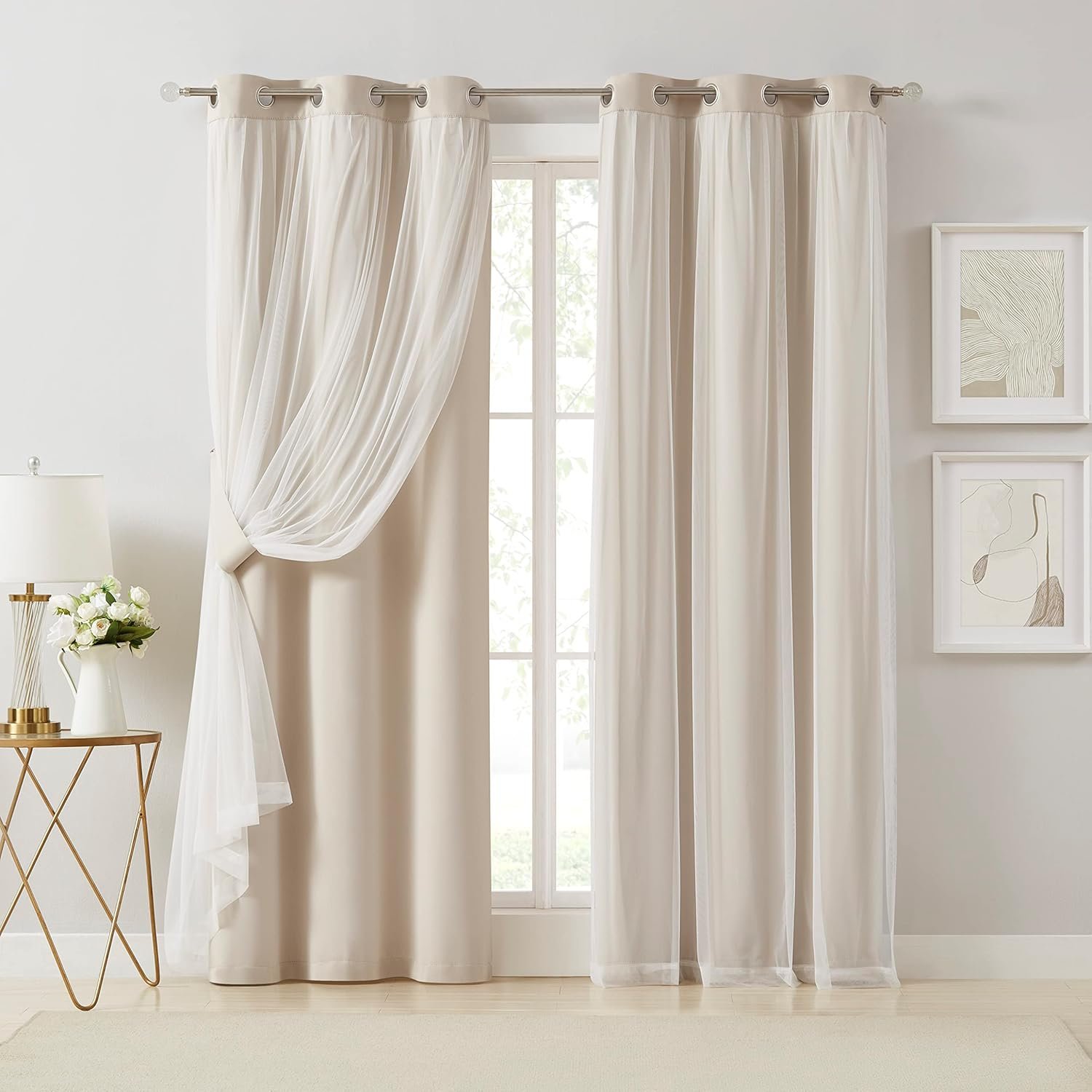Bujasso Beige 90% Blackout Curtains with Sheer Overlay Mix and Match Double Layer Thermal Insulated Window Panels 84 inch for Living Room Bedroom Beige Drapes with Tiebacks Grommet Top 37″ Wx84 Lx2
