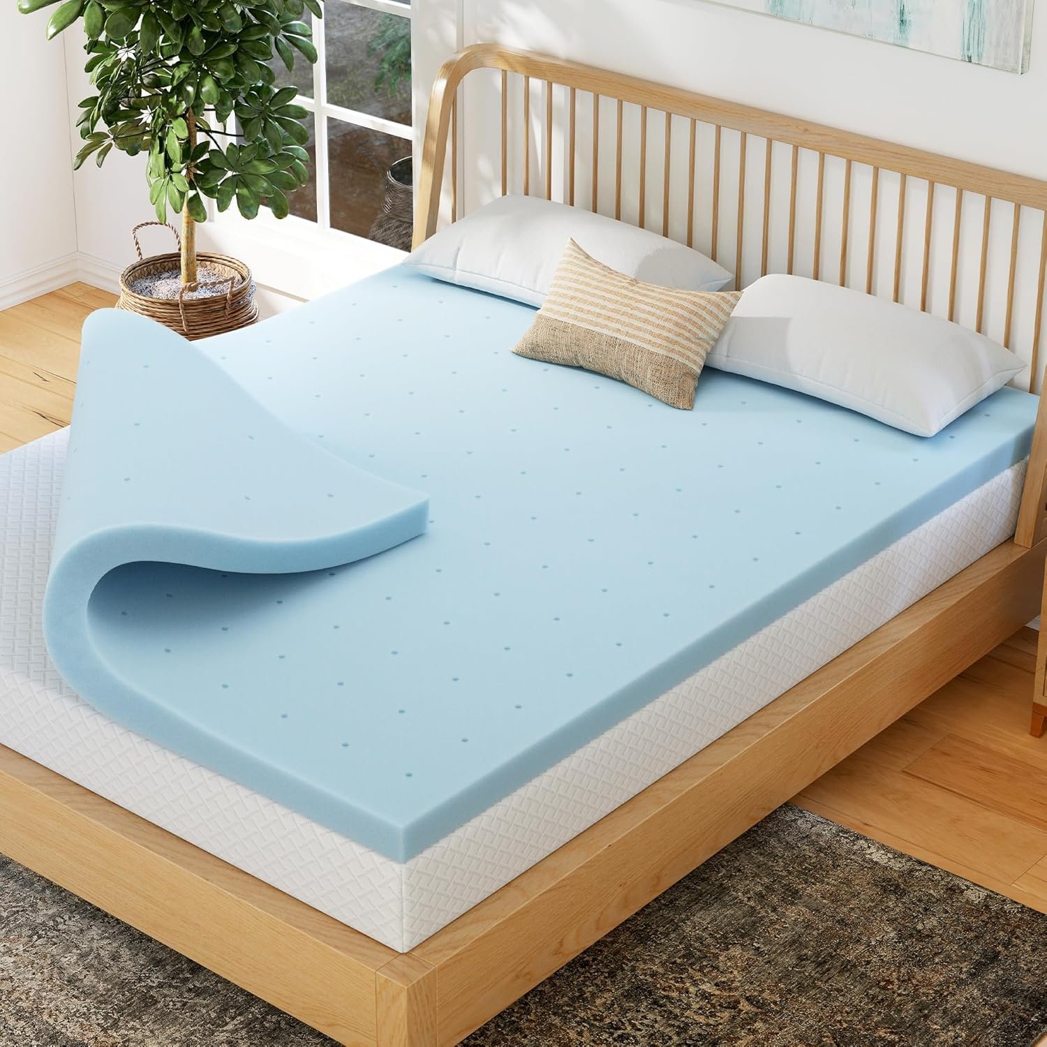EGOHOME 2 Inch Full Memory Foam Mattress Topper, Cooling Gel Infused & Pressure Relieving Pad in a Box, Dorm Room Essentials, CertiPUR Certified, Blue
