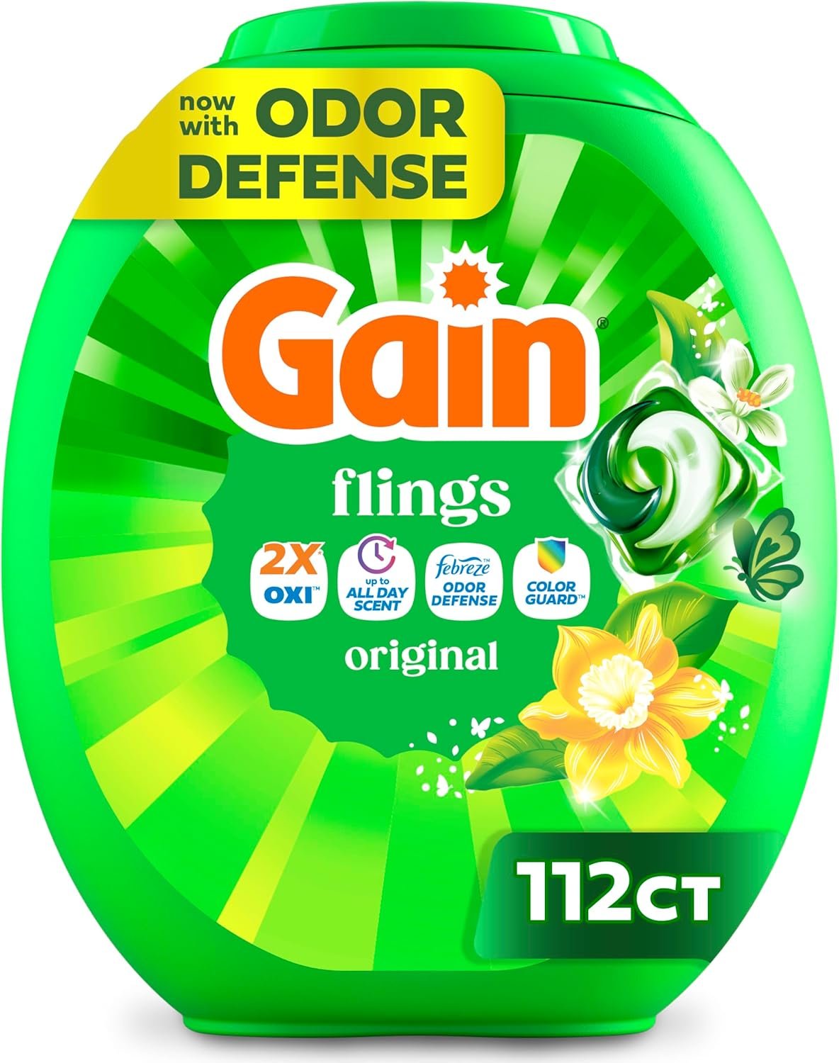 Gain Flings Liquid Washing Detergent Pods, Now with Odor Defense + Color Guard, Original Scent, 4-In-1 Liquid Laundry Detergent Pacs, Clean & Fresh, 112 Count (Packaging May Vary)