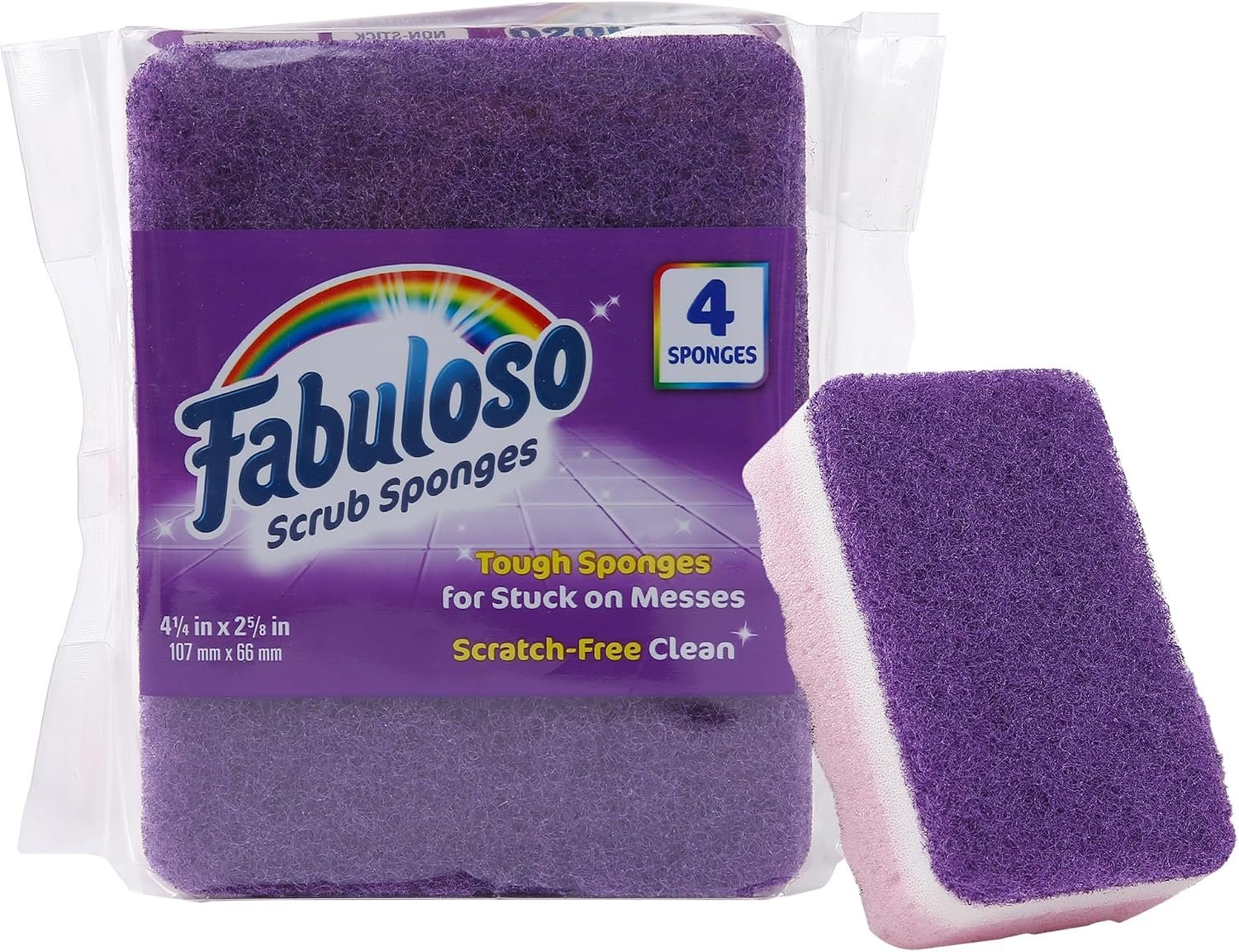 Fabuloso Scratch-Free Kitchen Dish Sponges Purple Cellulose Scrubber Sponge with Scouring Pad Dishes Pots Pans Counters and Sinks Tough on Messes 4.25 x 2.75 x 1.25 in 4 Count Single Pack Value