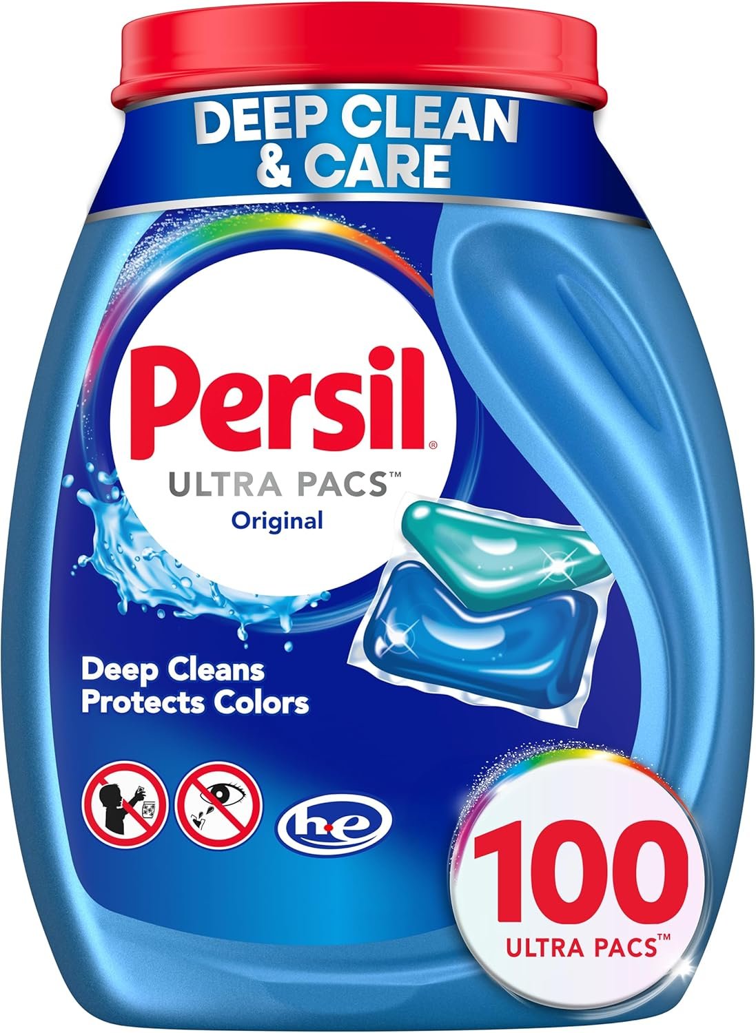 Persil Ultra Pacs Original Everyday Clean Laundry Detergent, 100 Count, No Mess, Single-Dose Laundry Soap, Deep Clean Fabric Care for Colors & Whites, All Water Temperatures, HE Safe