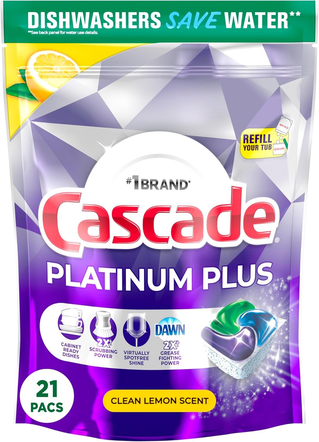 Cascade Platinum Plus Dishwasher Pods, Dishwasher Detergent, Dishwasher Soap, Dish Tabs, Dishwashing Tablets, Dish Detergent, Lemon, Actionpacs, 21 Count