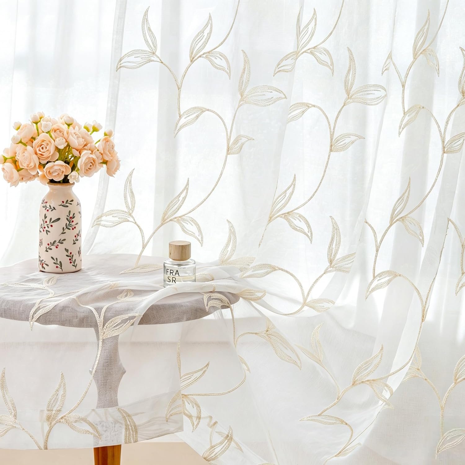 VISIONTEX 2 Panels Sheer Curtains 84 Inches Long, Cream Beige Floral Leaf Embroidered Semi Sheer Voile Curtains, Rod Pocket Light Filtering Window Drapes for Bedroom Living Room 54W x 84L