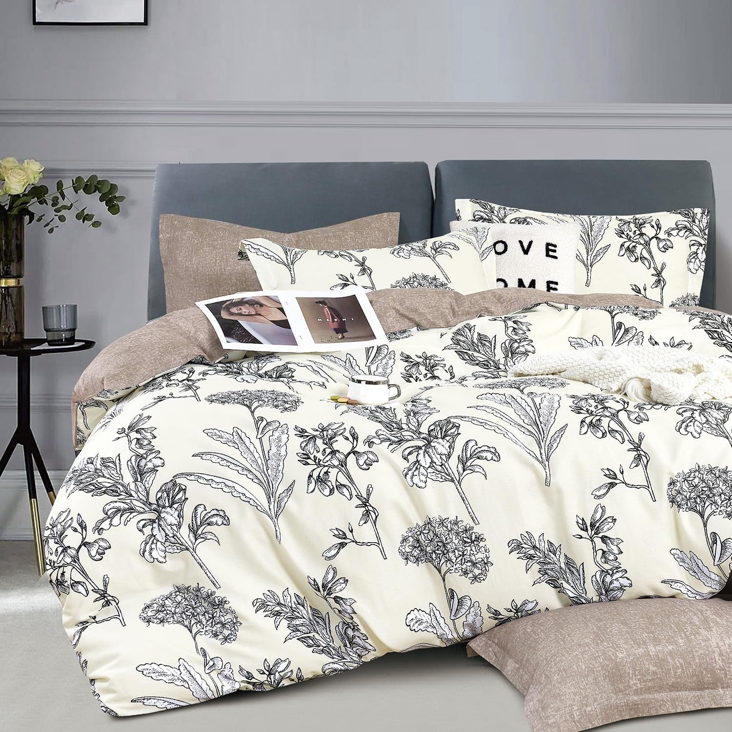 LEMIROE 100% Cotton Duvet Cover King Size,Vintage Design with Luxrious Black Sketched Flowers & Leaves on Cream,Reversible Taupe Bed Sets 3Pcs,Button Closure