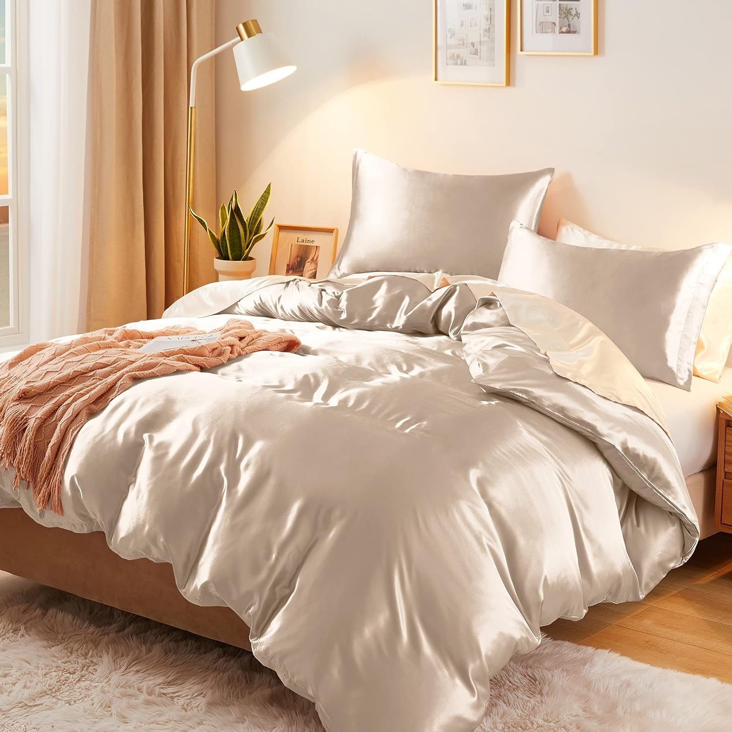 Vonty 3-Piece Silky Satin Duvet Cover Set Full/Queen Size Duvet Cover, Organic Natural 400TC Beige Duvet Cover Set – Luxury & Sexy Bedding Duvet Covers with Zipper Closure(No Comforter)