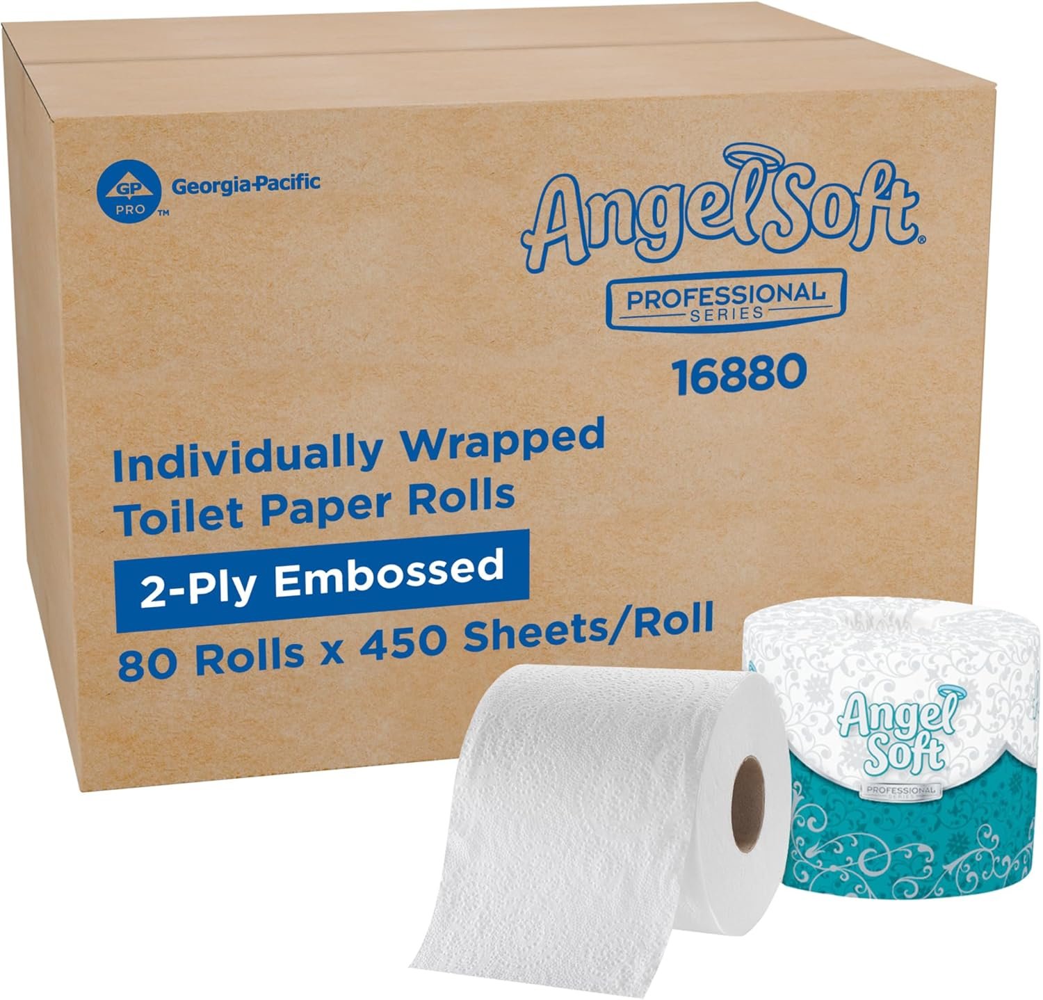 Angel Soft Professional Series by Georgia-Pacific PRO 2-Ply Embossed Toilet Paper, White, Individually Wrapped, 450 Sheets Per Roll, 80 Toilet Tissue Rolls Per Case, 16880
