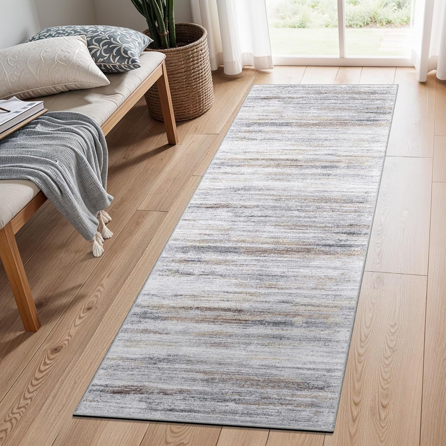 Washable Kitchen Runner Rug for Family: Easy-to-Clean Runners for Hallway Entryway Bedroom – Stain and Water Resistant Rugs with Non-Slip Backing – Soft Low-Pile Carpet 2×6 Beige Grey