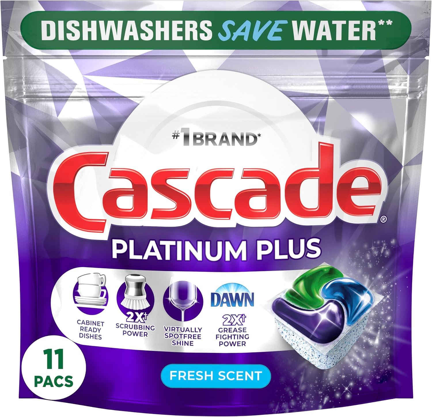 Cascade Platinum ActionPacs Dishwasher Detergent Pods, Fresh, 11 Count