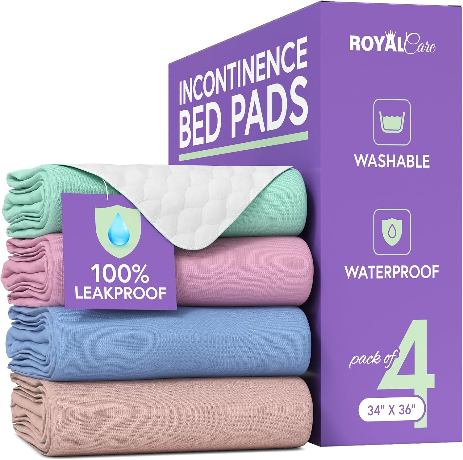 Incontinence Bed Pads – 4 Pack 34″ x 36″ Reusable Waterproof Mattress Protectors – Highly Absorbent, Machine Washable – for Children, Pets and Seniors – Multi Color – Royal Care