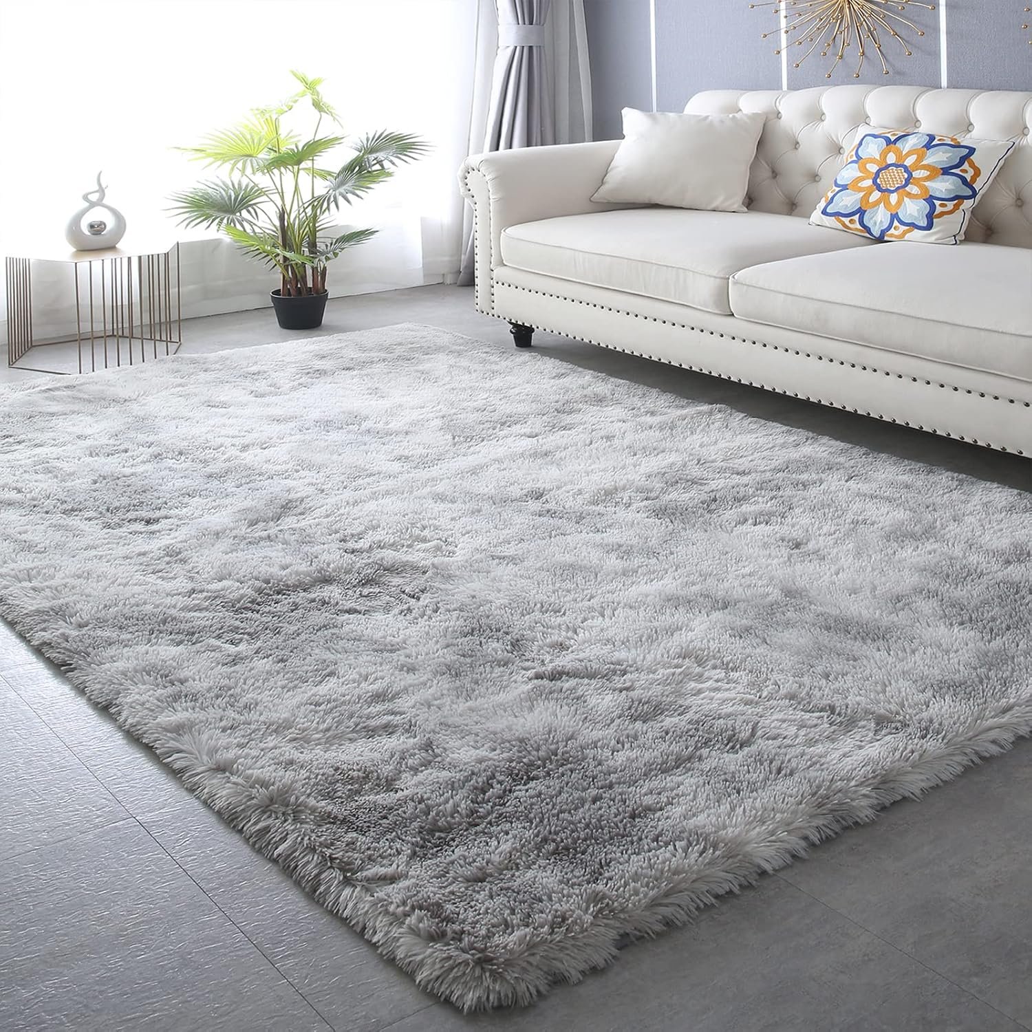 CAIYUECS Shag Area Rug,Indoor Ultra Soft Fluffy Plush Rugs for Bedroom Living Room, Non-Skid Modern Nursery Faux Fur Rugs for Kids Room Home Decor (Tie-Dyed Light Gray, 5×7 Feet)