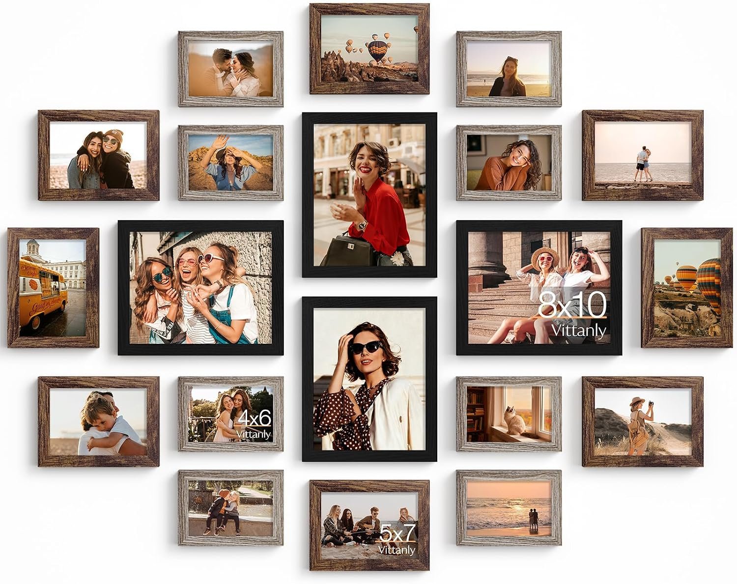Vittanly 20 Pack Picture Frames Collage Wall Decor, Multi Sizes Including 4pcs 8×10, 8pcs 5×7 and 8pcs 4×6 Photo Frames, Gallery Frame Set for Wall or Tabletop Display, Black, Brown and Dark Grey