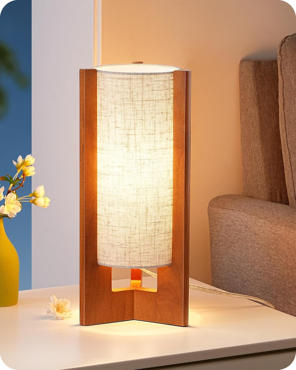 EDISHINE 13.5″ Small Table Lamp, Walnut Wood Cylinder Nightstand Lamp for Bedroom, Beige Linen Shade, Corner Modern Bedside Lamp for Living Room, On-Off Line Switch, E26 Base (Bulb Not Included)