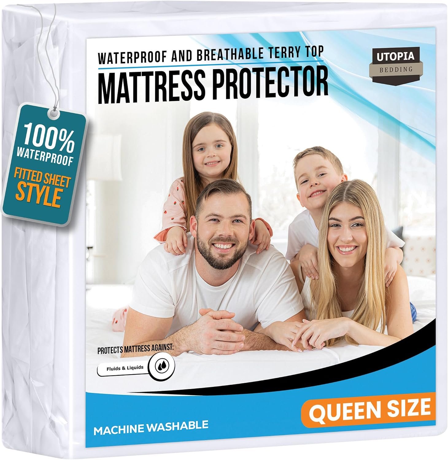 Queen Size Mattress Protector Waterproof, Premium 200 GSM Terry Mattress Cover, Soft & Breathable Bed Cover, Fitted Sheet Style Stretchable Deep Pockets 17″ by Utopia Bedding (White)