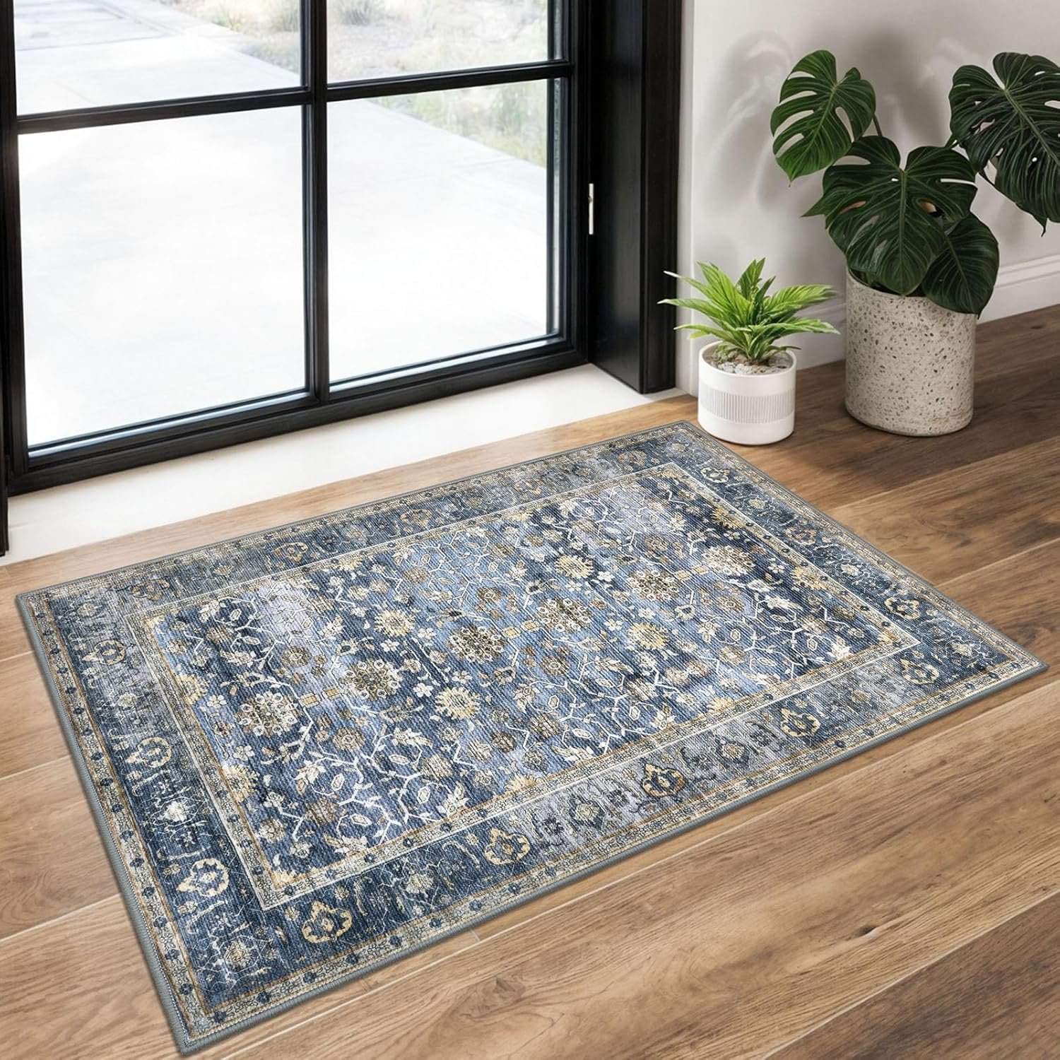 KUTA Vintage 2×3 Rugs for Entryway, Non-Slip Washable Area Rug & Indoor Door Mat with Floral Print, Blue Grey Beige Ultra Thin Soft Low-Pile Throw Rug for Kitchen Front Door, Bedside, Small Spaces