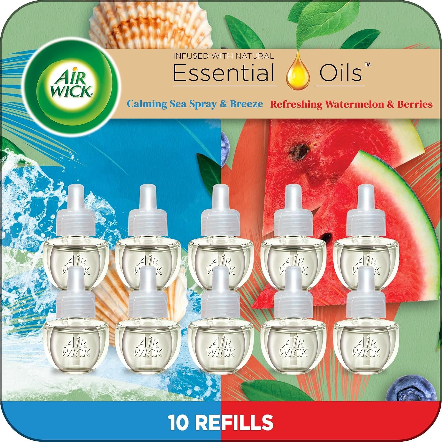 Air Wick Plug-In Scented Oil Refills, 10 Count, Calming Sea Spray & Fresh Watermelon, Air Freshener, Essential Oils, Eco Friendly