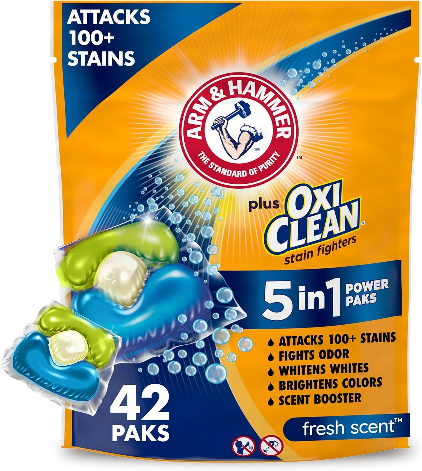 ARM & HAMMER Plus OxiClean Stain Fighters: 5-in-1 Laundry Detergent Power Paks, Laundry Stain Remover, Attacks 100 Plus Stains, Fresh Scent, 42 Count