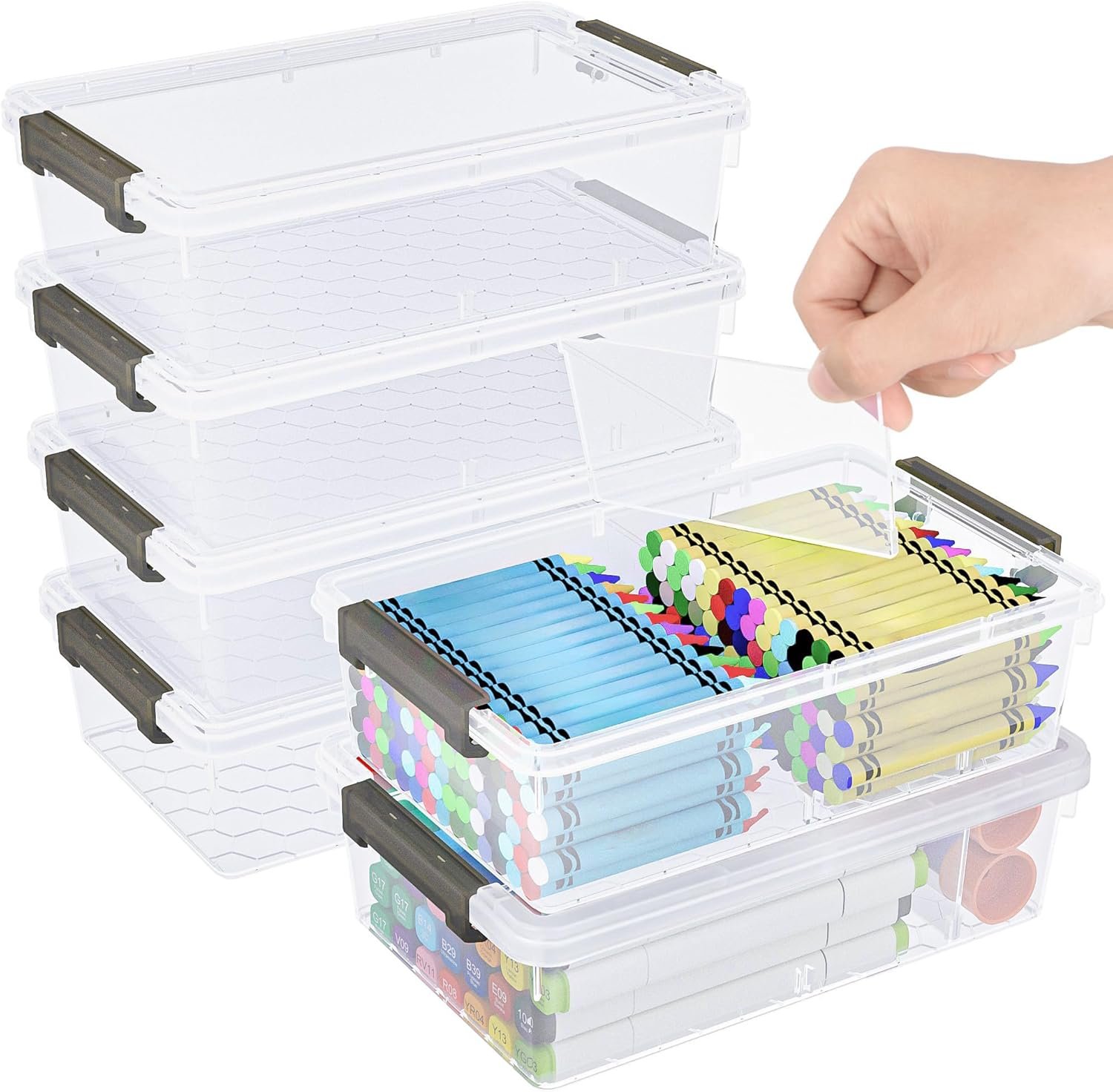 6 Pack Extra Large Pencil Box with Removable Divider, Thickened Pencil Case Bulk, Clear Crayon Marker Organizer Stackable Plastic Small Storage Containers for Pen Craft School Supplies(Grey)