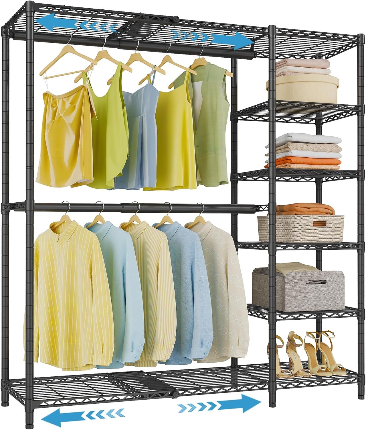 VIPEK X2 Expandable Reach-in Closet Racks Adjustable from 3’3″ to 4’8″ Portable Open Walk-in Closet Rack System with Flexible Shelves and Hanger Rods Clothing Rack for Hanging Clothes, Black