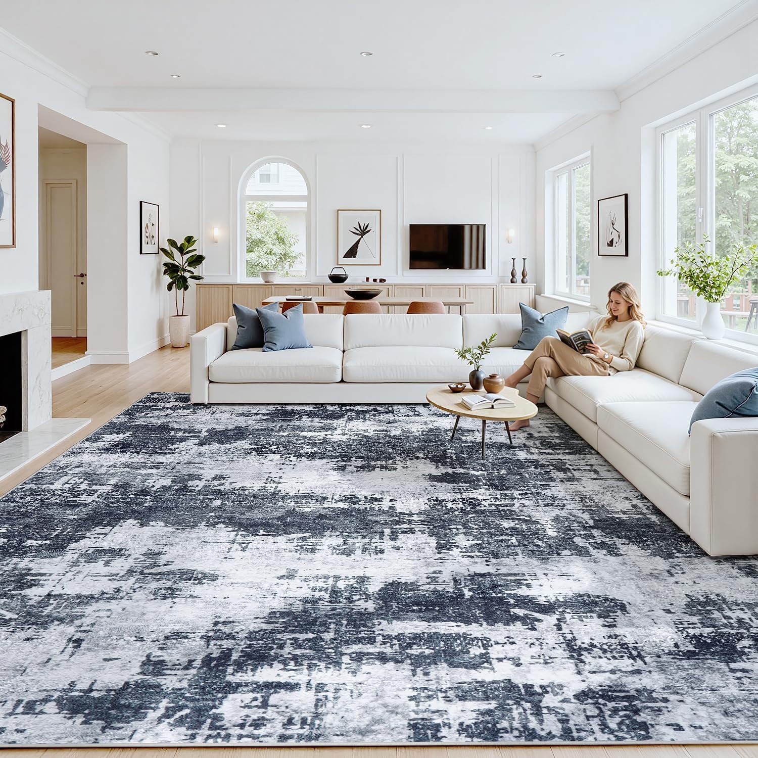 8×10 Area Rugs for Living Room Washable: Abstract Soft Thin Low Pile Black Rug, Indoor Floor Non Slip Stain Resistant Modern Carpet for Bedroom Nursery Farmhouse Dining Room Office (Black, 8’x10′)