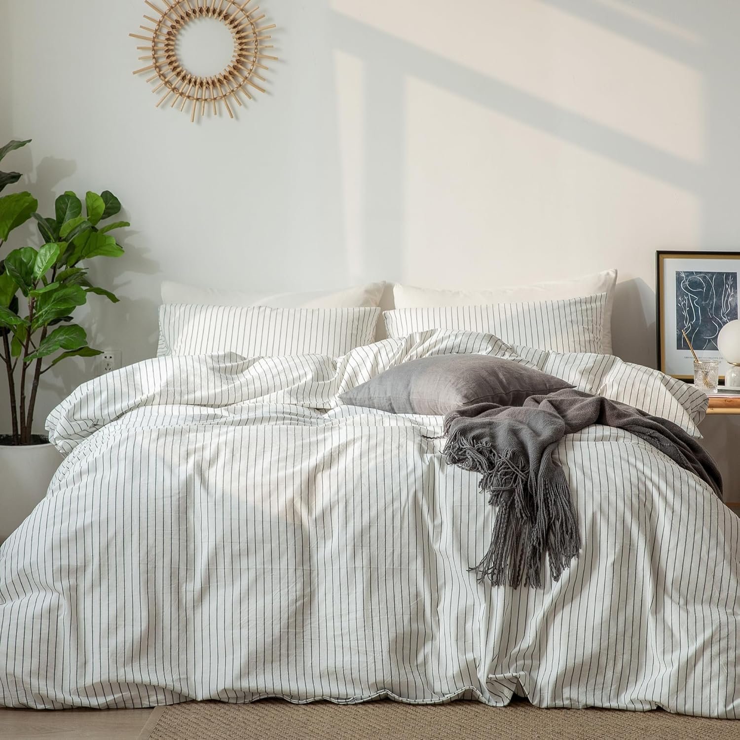 MooMee Striped Duvet Cover Set 100% Washed Cotton Linen Like Queen | Relaxed Linen-like Texture. Soft, Breathable & Long-lasting Comfort. Lightweight. Hidden Zipper with 8 Interior Corner Ties