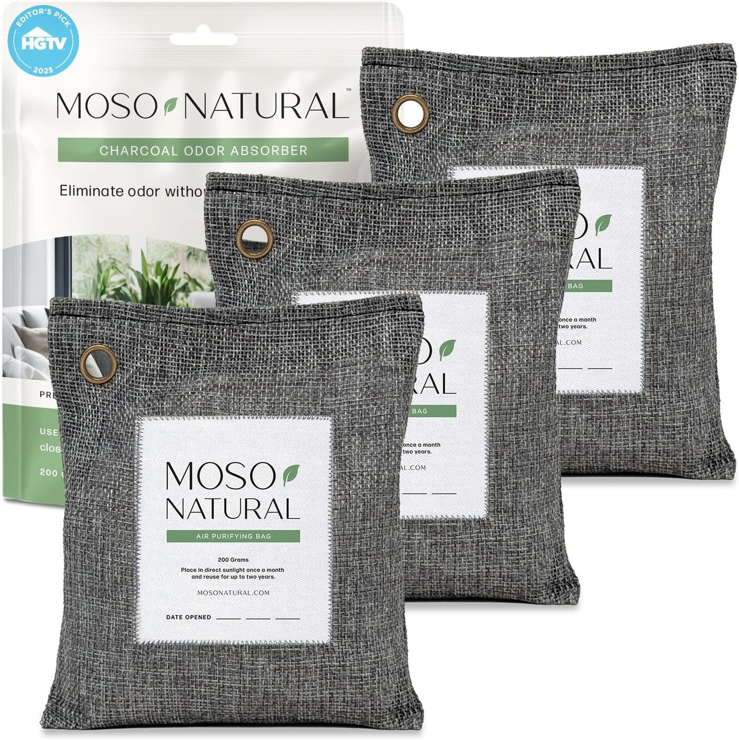 Moso Natural Air Purifying Bag 200g (3 Pack) HGTV Editor’s Pick | Premium Bamboo Charcoal Odor Absorber for Home & Car | Closet Odor Eliminator & Car Air Freshener | Long Lasting Charcoal Bags