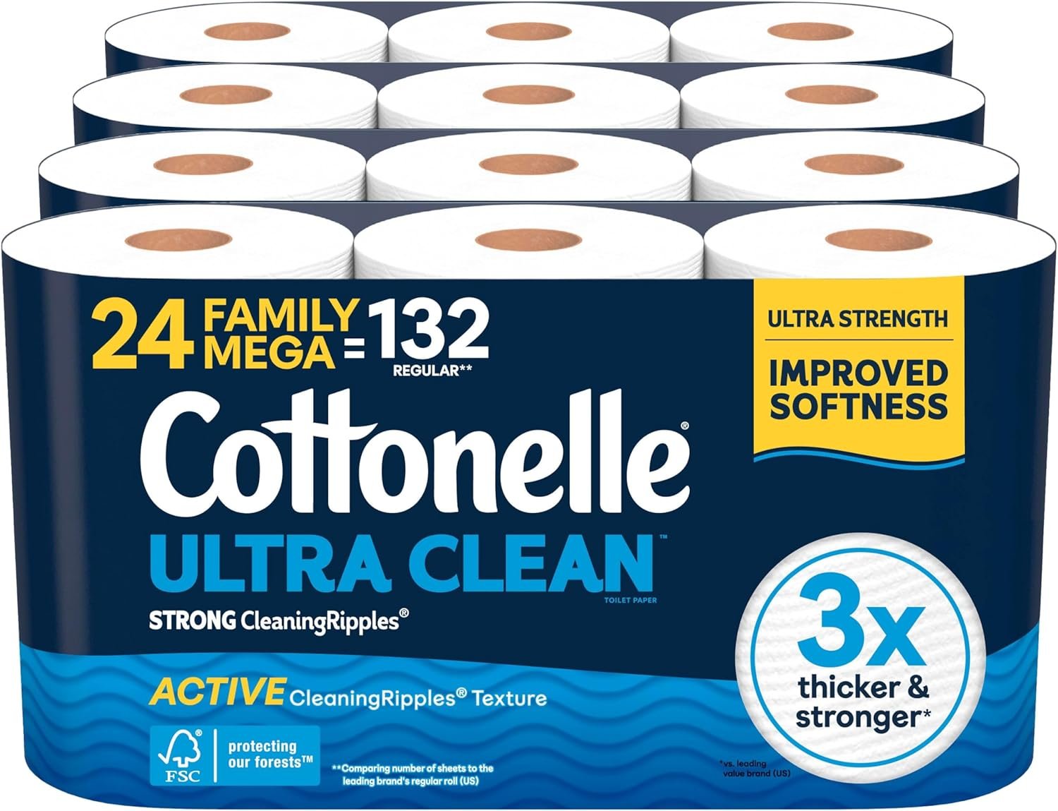 Cottonelle Ultra Clean Toilet Paper with Active CleaningRipples Texture, Strong Bath Tissue, 24 Family Mega Rolls = 132 Regular Rolls (4 Packs of 6)