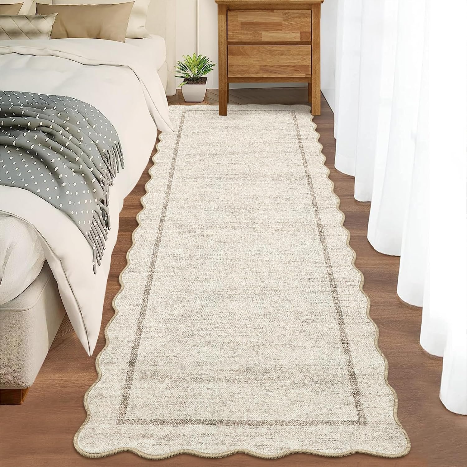GarveeHome Scalloped Washable Kitchen Runner Rug 2×8, Beige Runners for Hallway, Non Slip Boho Soft Bathroom Throw Mat Bordered Carpet Runner for Laundry Entryway Bedroom 2 ft x8 ft Beige