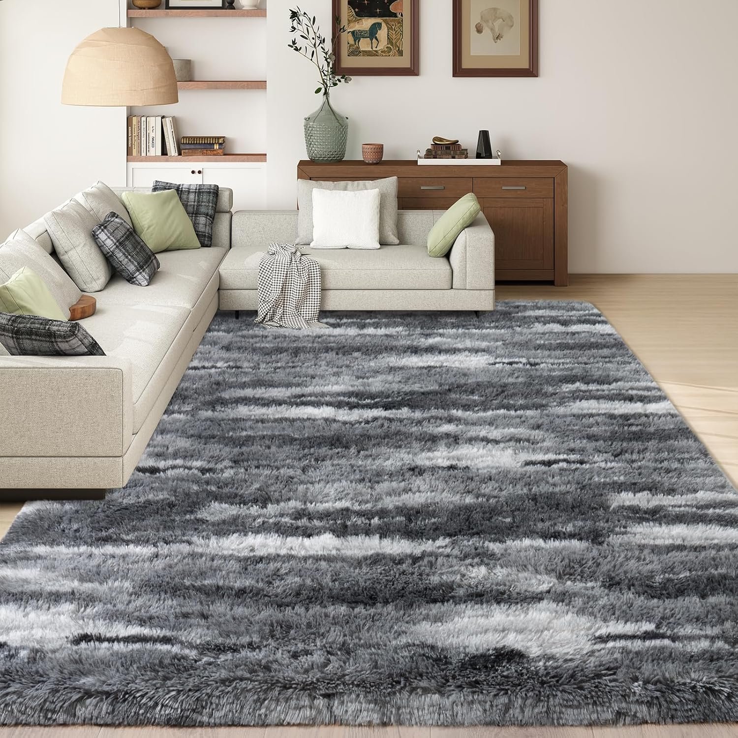 Shag Rugs for Living Room 8×10, Ultra Soft Abstract Grey Big Fuzzy Rugs for Bedroom, 8 x 10 Fluffy Shaggy Plush Carpet Girls Kids Room Dorm Upgrade Non-Slip