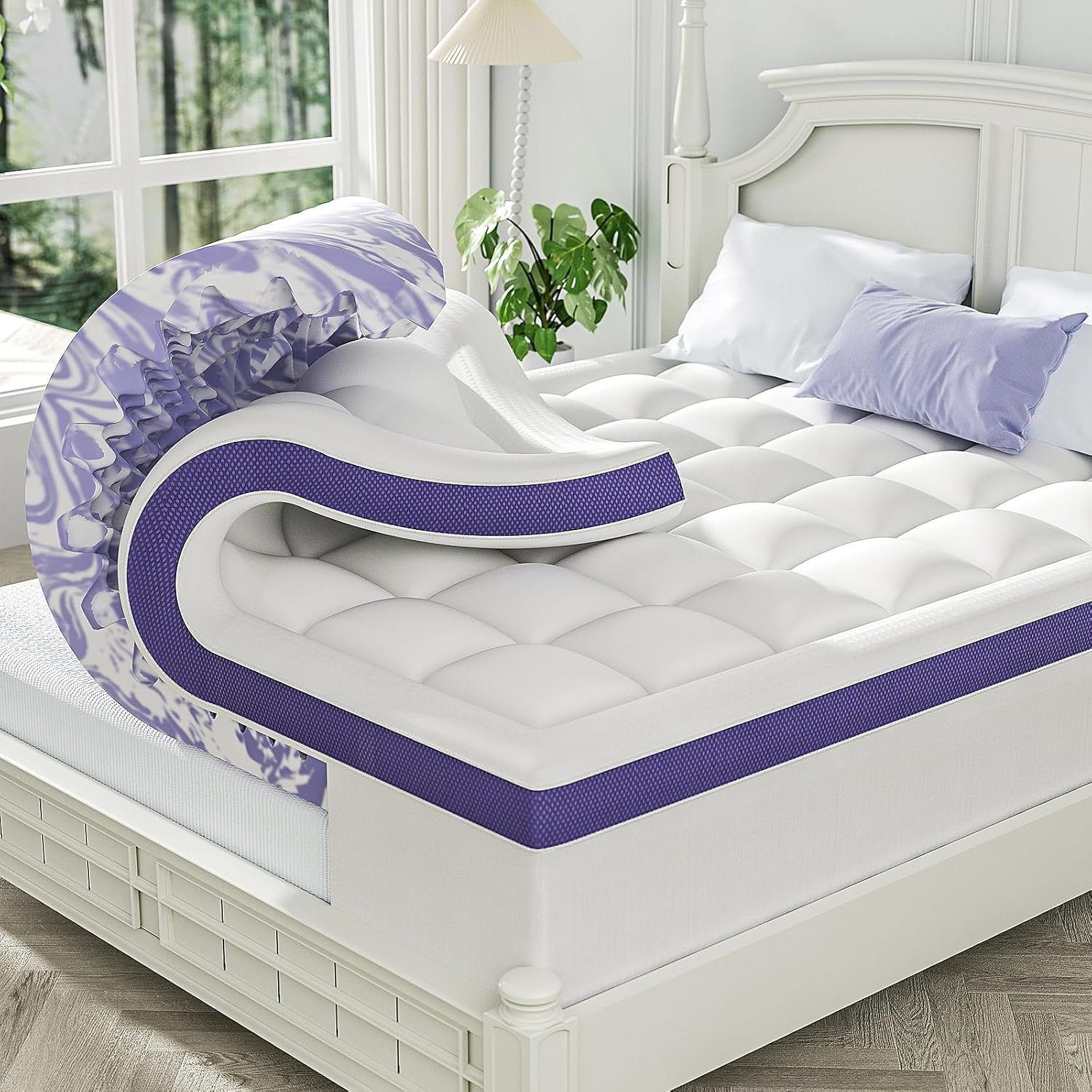 ChiXpace Dual Layer 4 Inch Memory Foam Mattress Topper Queen – 2 Inch Gel Memory Foam and 2 Inch Pillow Top Mattress Pad, 7-Zone Egg Crate 2-in-1 Design (White)