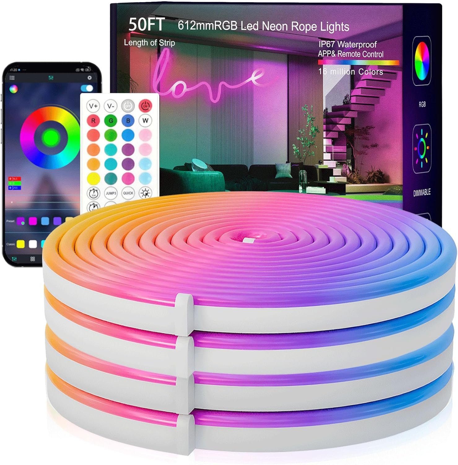 SILFU Neon Rope Lights, 50FT RGB LED Strip Lights, Waterproof IP67 LED Lights for Bedroom, DIY Design, Music Sync, 44 Key Remote Control, Multiple Modes for Bedroom, Holiday Decoration