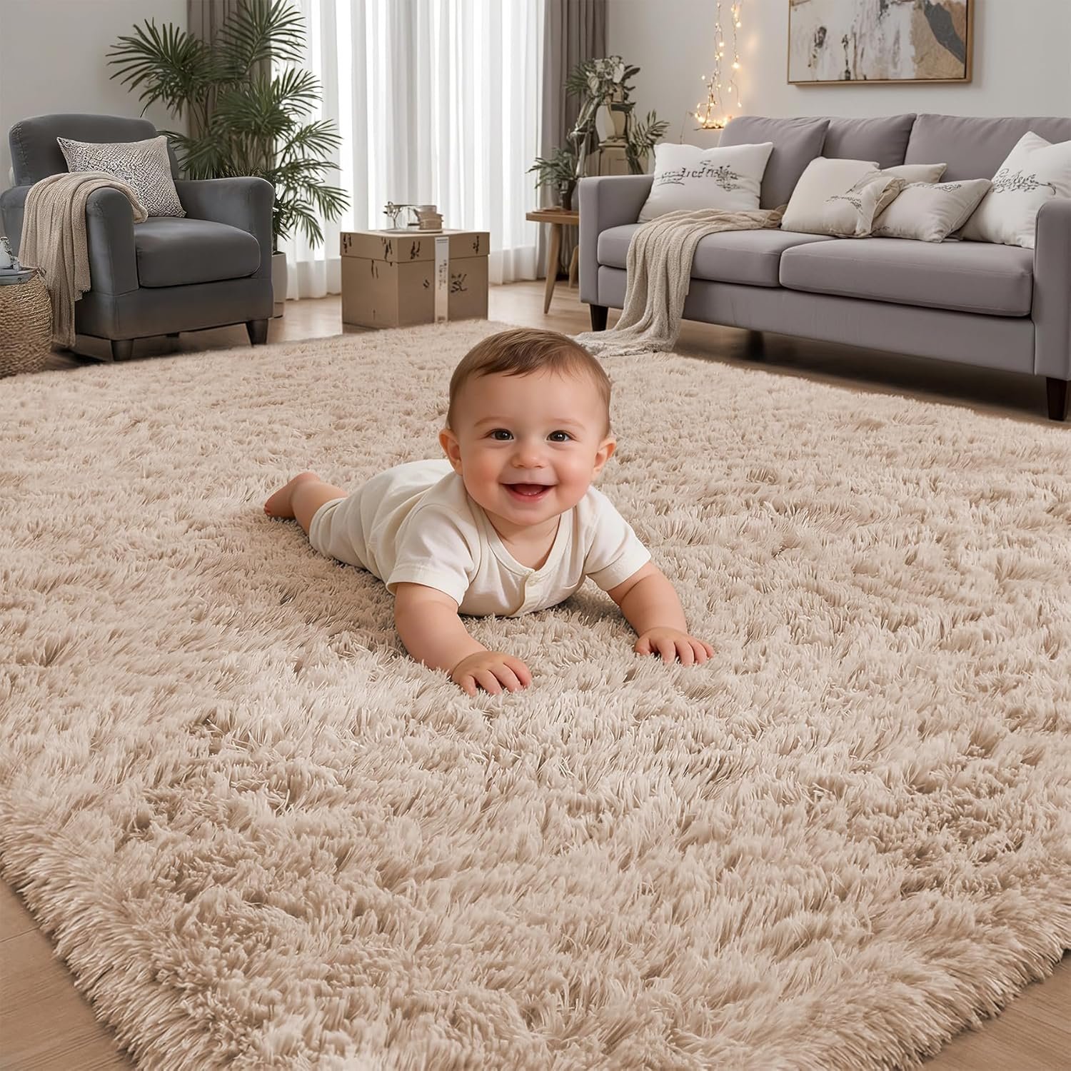 Area Rug for Living Room Bedroom: 5×7 Camel Soft Fluffy Shag Upgrade Non-Slip High Pile Carpet Large Fuzzy Plush Indoor Floor Decor Shaggy Rug for Kid Boys Girls Dorms Playroom Nursery Modern Home
