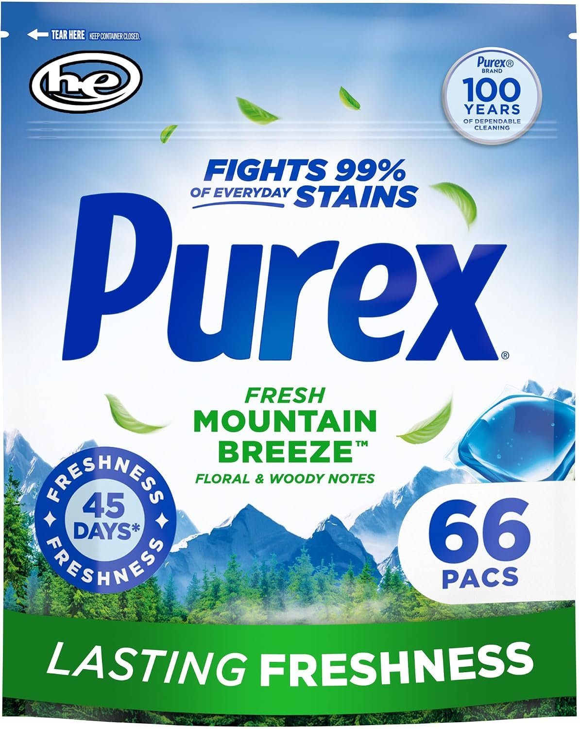 Purex Fresh Mountain Breeze Laundry Detergent Pacs, 66 Count, Pre Measured Pacs