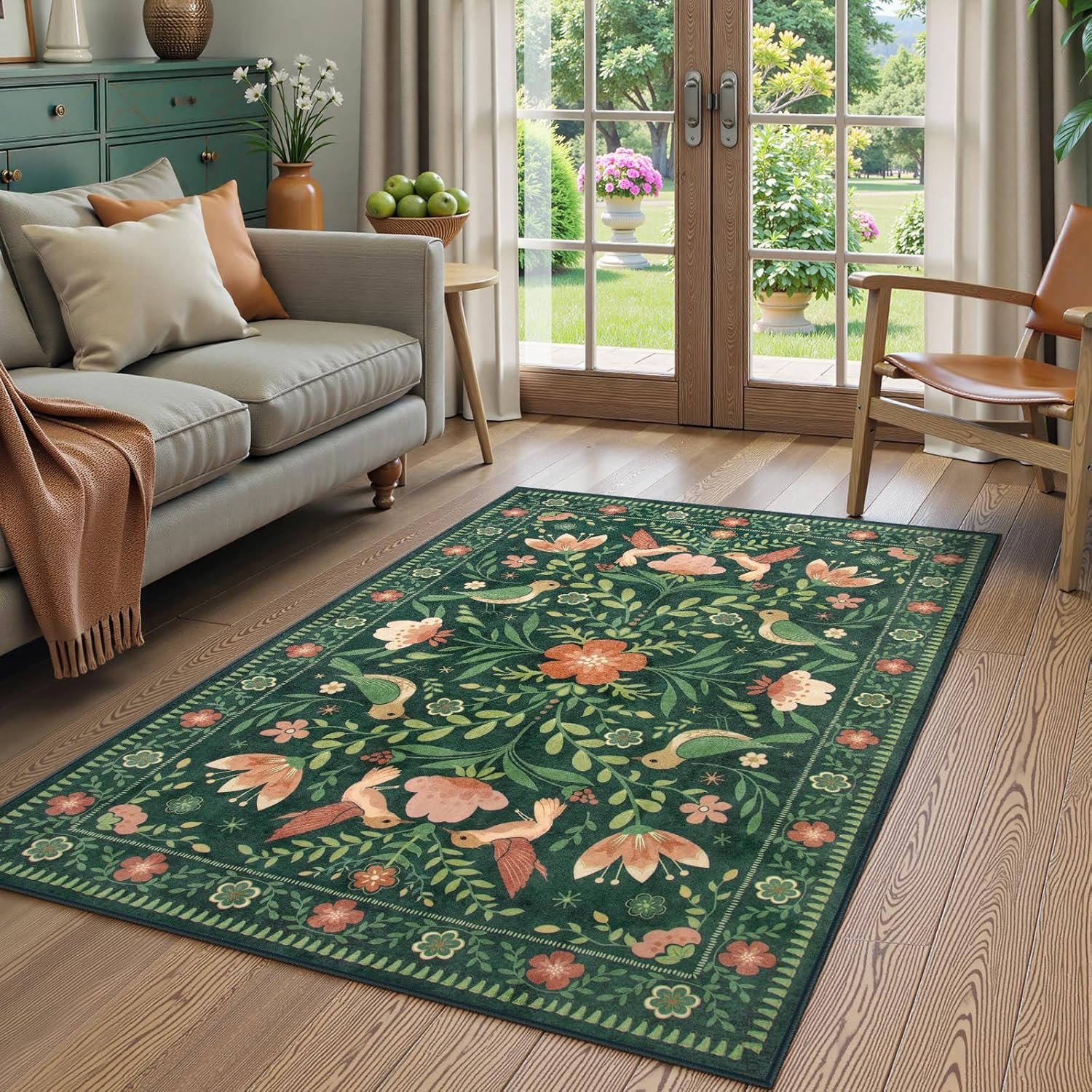 Moynesa 3×5 Kitchen Rug, Modern Cottage Washable Non-Slip Low Pile Area Rug for Bedroom Entryway Entrance Aesthetic,Lightweight Foldable Farmhouse Floral Bird Print Pattern Carpet Retro Home Decor