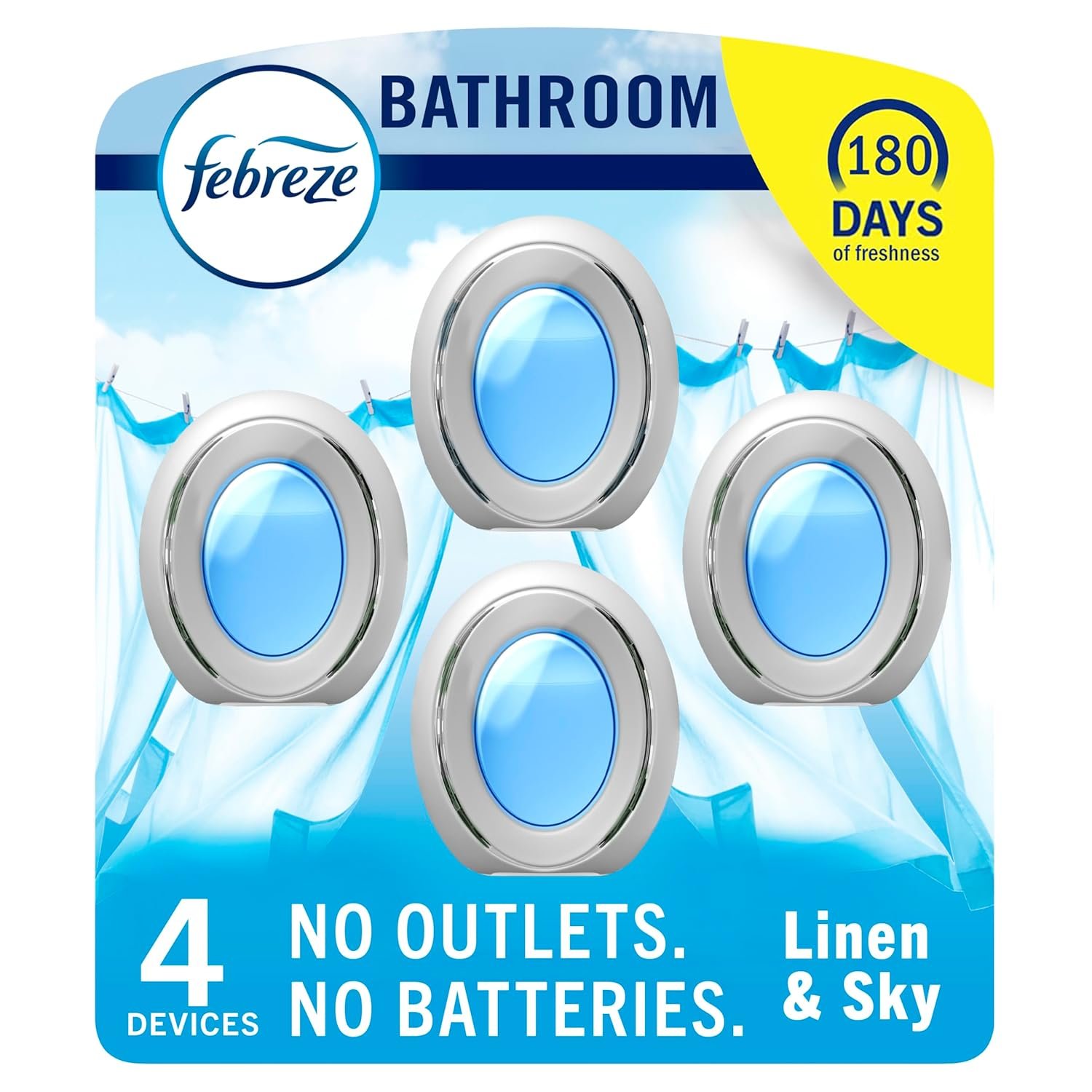 Febreze Bathroom Air Freshener Odor-Fighting for Small Spaces Scented Plug In Alternative Long-Lasting for Home and Bathroom and Kitchen Closet Air Fresheners, Linen & Sky Scent, 4 Count