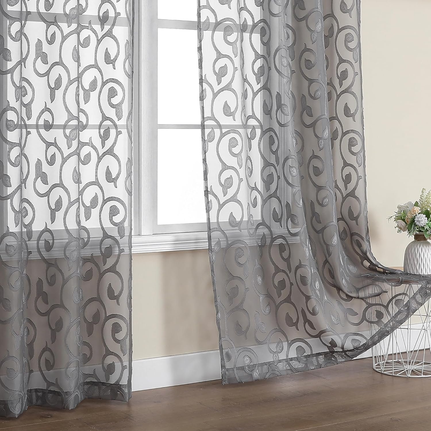 OWENIE Furman Sheer Curtains 84 inches Long for Bedroom Living Room 2 Panels Set, Light Filtering Window Curtains, Semi Transparent Voile Top Dual Rod Pocket, Grey, 40Wx84L inch, Total 84 Inches Width