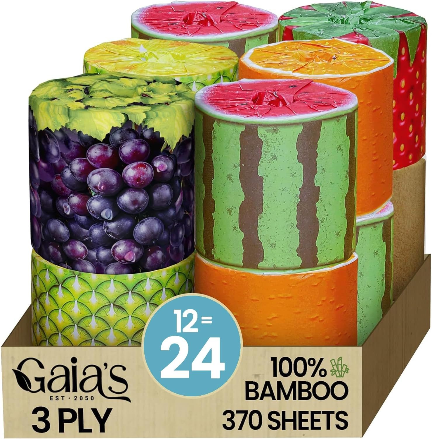 Gaias Premium and Soft Fruit TP Organic Bamboo Toilet Paper | 12 Mega Rolls, 3 Ply, 370 Sheets | FSC Certified, PFAS & BPA Free, Eco-Friendly, Sustainable Tissue – Plastic Free, Septic Safe, Vegan