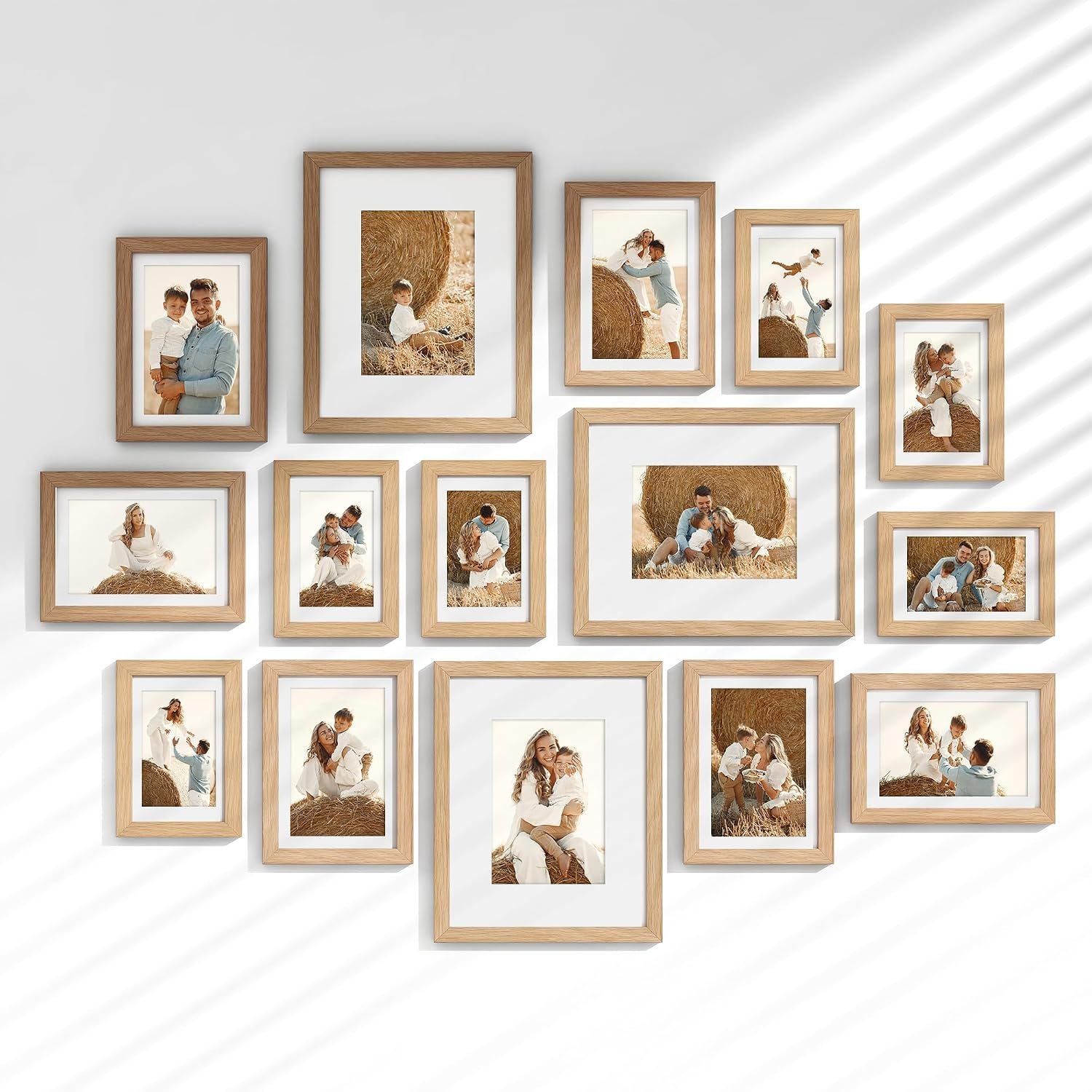 Venusmiles 15 Pack Picture Frames Collage Wall Decor, Gallery Frame Set for Wall Mounting or Tabletop Display, Multi Sizes Including 3pcs 8×10, 6pcs 5×7, 6pcs 4×6, Oak