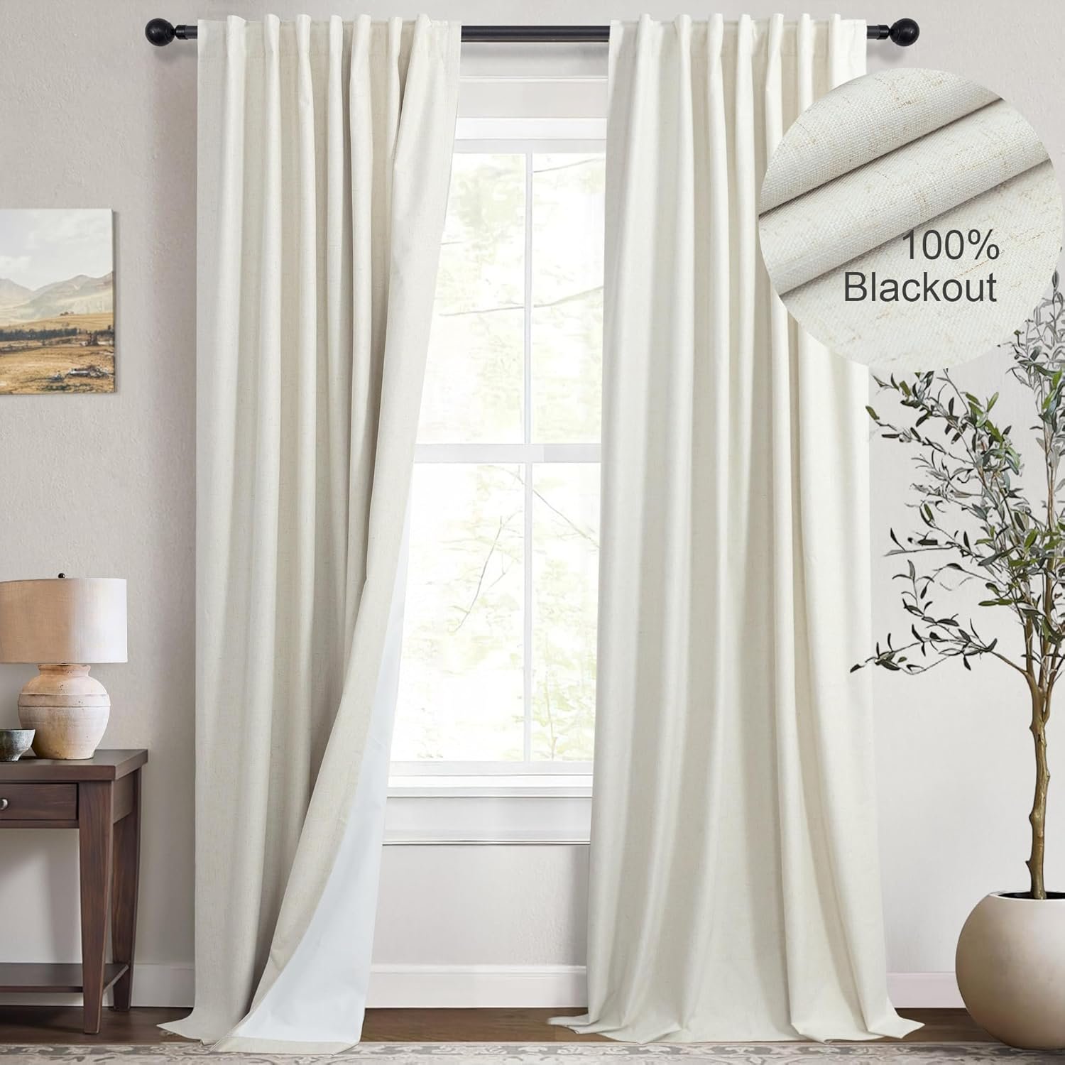 Cream Linen Blend Blackout Curtains 84 Inch Long 2 Panel Back Tab Thermal Insulated Light Blocking Curtain for Living Room Black Out Drape for Bedroom Neutral Rustic Farmhouse 52×84 Length Ivory White