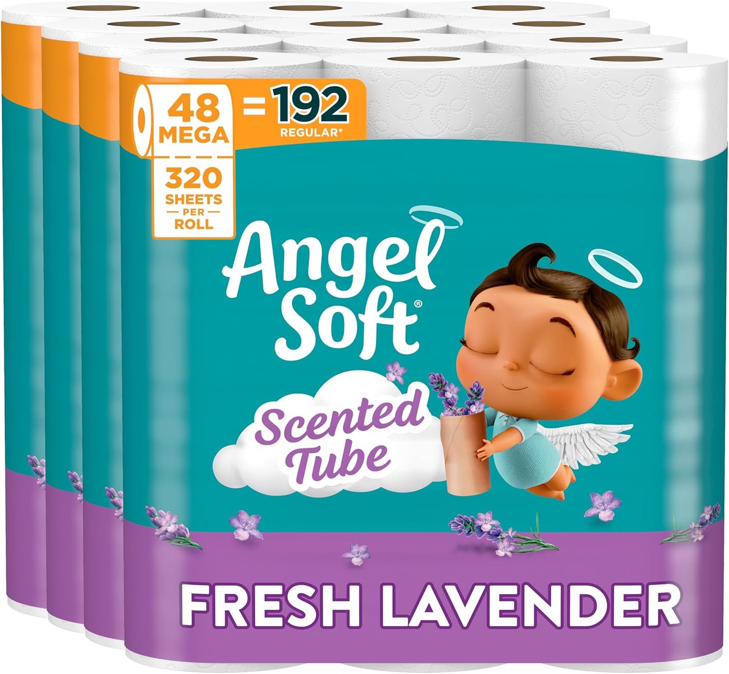 Angel Soft Toilet Paper with Fresh Lavender Scented Tube, 48 Mega Rolls = 192 Regular Rolls, Soft and Strong Toilet Tissue