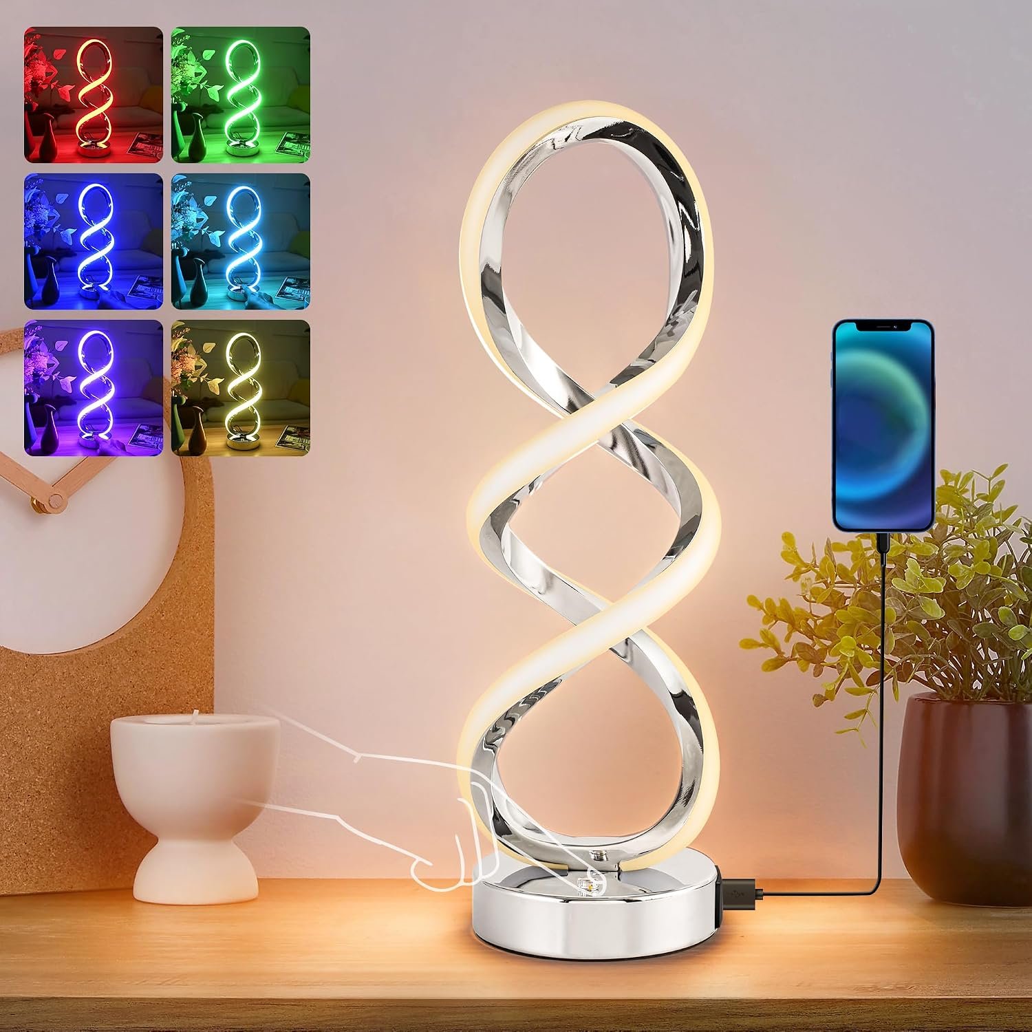 Modern Spiral RGB Table Lamp, Touch Dimmable Bedside Lamp, 7 Colors 10 Light Modes Spiral Design Table Lamp, Unique Nightstand Lamp for Living Room, Bedroom, Cool Lamps, Silver