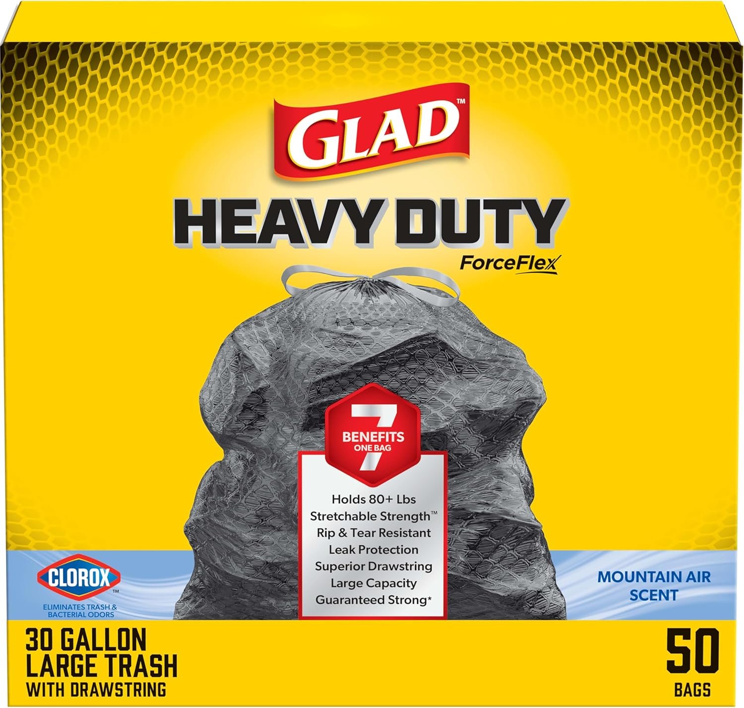 Glad ForceFlex Heavy Duty Trash Bags, Rip and Tear Resistant, Mountain Air Scented Black X-Large Garbage Bags, Odor Control, Febreze Freshness, 30 Gallon Trash Bags, 50 Count